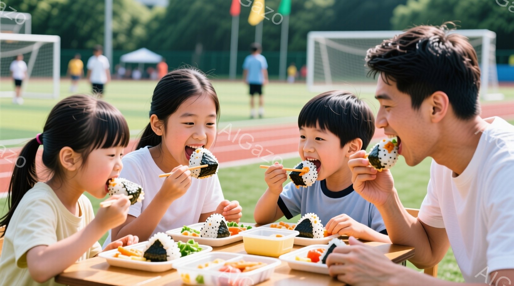 2人の子どもと大人が、屋外のテーブルを囲んでおにぎりを食べている様子が写っている。子どもたちはそれぞれ黒髪で、女の子は三つ編み、男の子は短髪で、皆笑顔で食を楽しんでいる。背景にはサッカー場と緑豊かな木々が見え、晴れた日のピクニックのような、明るく幸せな雰囲気が漂っている。