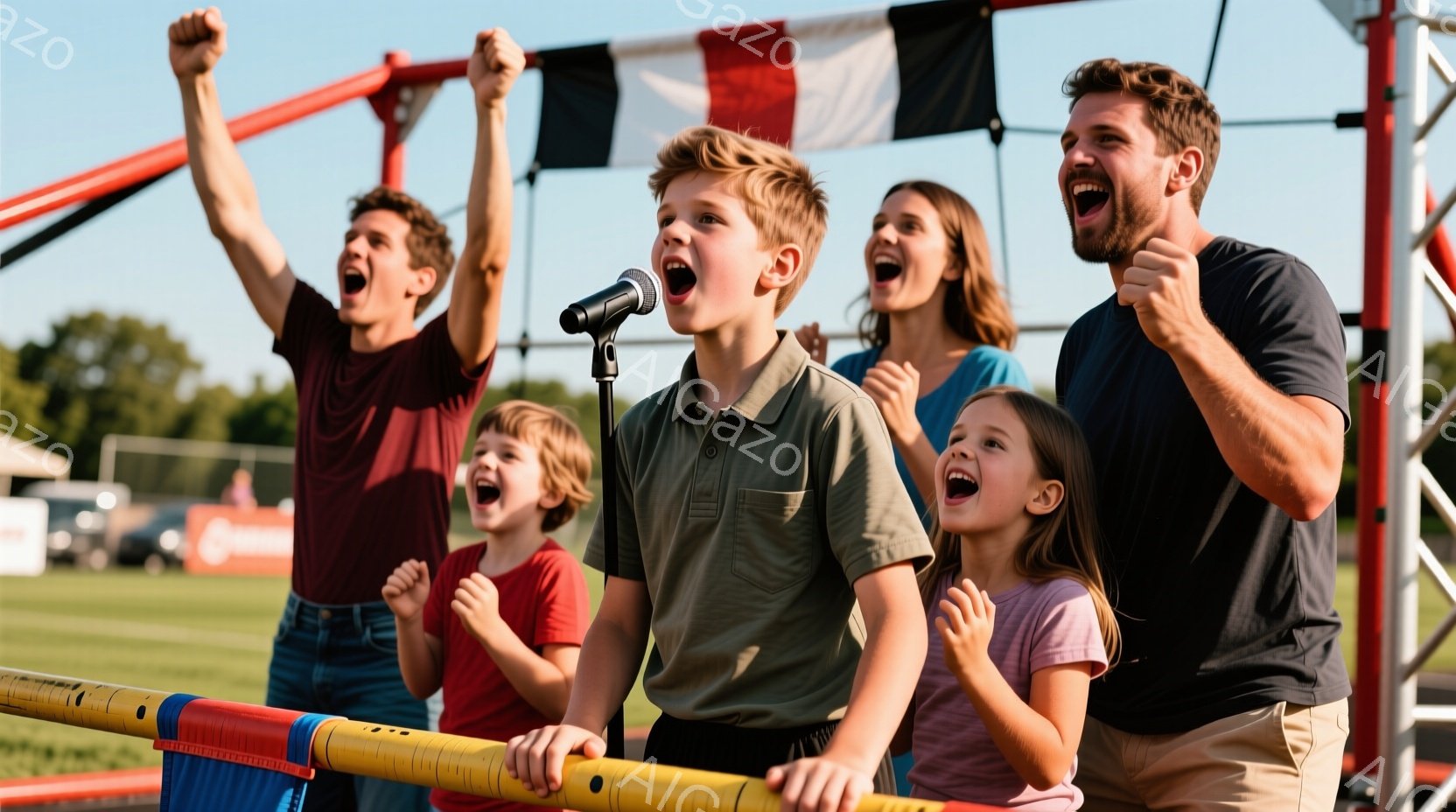 一列に並んだ子供たちと大人が、興奮した様子で叫んでいます。少年はマイクを持って歌っているかのようなポーズで、他の子供と大人は両手を挙げて彼を応援しています。背景には青空と緑の芝生、遠くには建物が見え、晴れた日の屋外イベントの様子が伺えます。