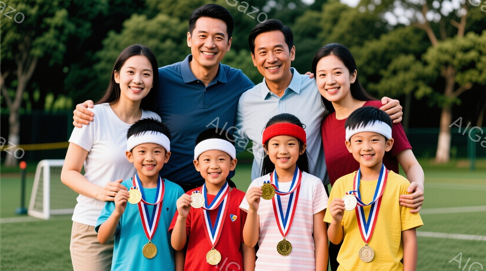 4人の子供と2人の大人が、青々とした芝生の公園で肩を並べて笑顔で写っています。子供たちは皆、白いヘッドバンドと青いスポーツウェアを着て、金色のメダルを首にかけています。背景には緑豊かな木々が見え、晴れた日の明るい空が広がっており、家族の温かい雰囲気が伝わってきます。