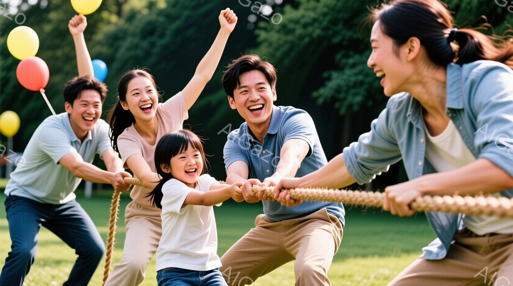 家族四人が芝生の上で綱引きをしている様子が写っています。母親は白のシャツにズボン、父親はポロシャツにジーンズ、そして二人の子供たちはカジュアルな服装で、全員笑顔で綱を引っ張っています。背景には木々が生 - AI生成フリー素材