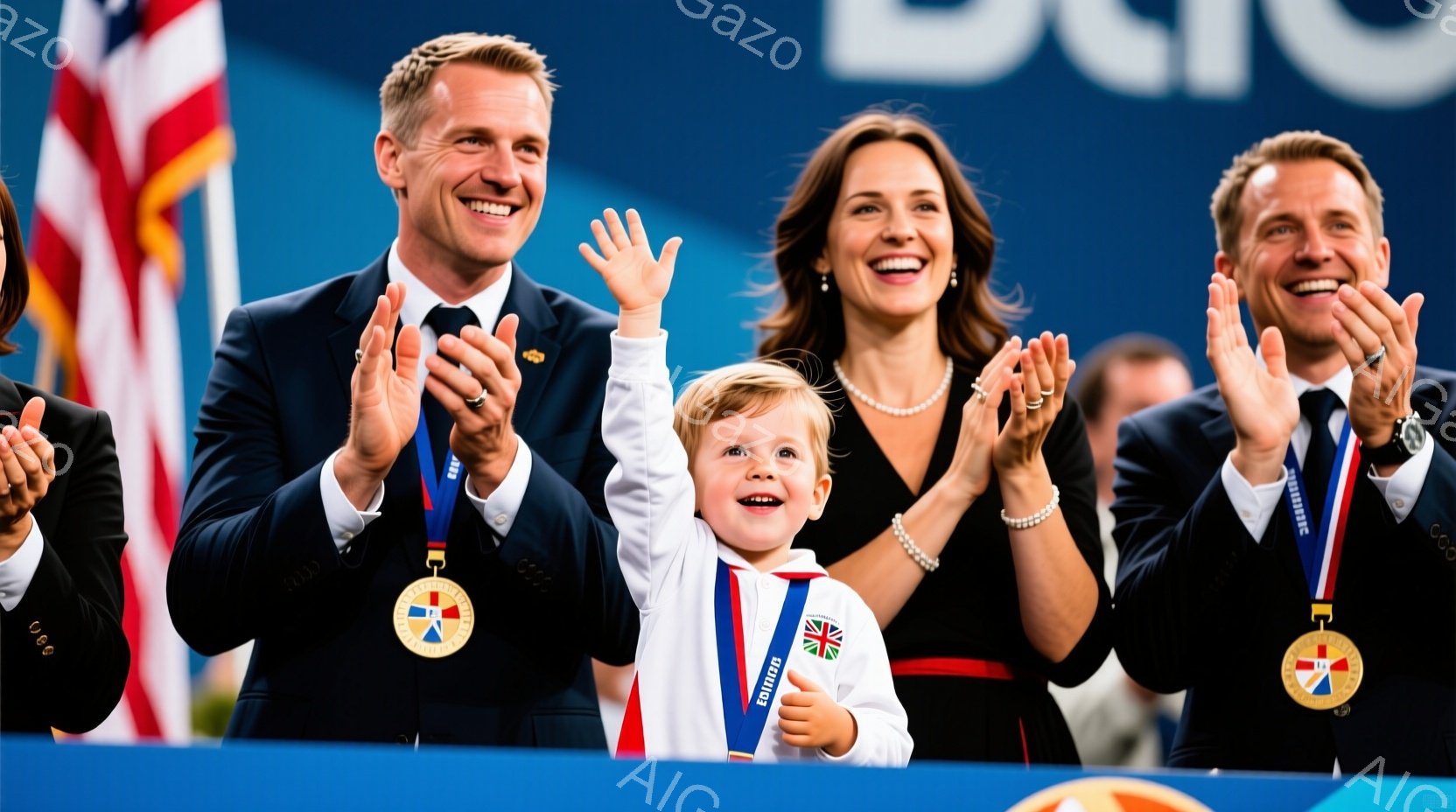 ３人の男性と１人の女性と幼い子供が肩を並べて立っており、皆笑顔で手を上げて喜んでいます。男性は黒いスーツを着ており、女性は黒いドレスに真珠のネックレスをしています。背景には、オリンピックのリングのロゴが描かれ、晴天の下、イベント会場の賑やかな雰囲気が伝わってきます。