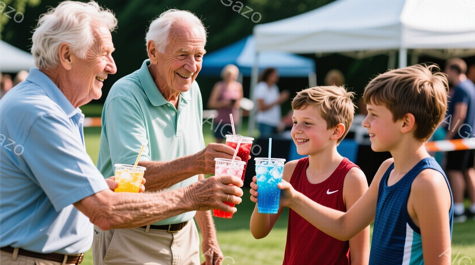 白髪の男性が、赤いタンクトップと青いタンクトップを着た二人の少年とグラスを高く掲げて乾杯しています。男性はベージュのズボンと緑のポロシャツを着ており、笑顔を浮かべています。背景には緑の芝生と白いテントが見え、晴れた日の屋外イベントのような雰囲気です。