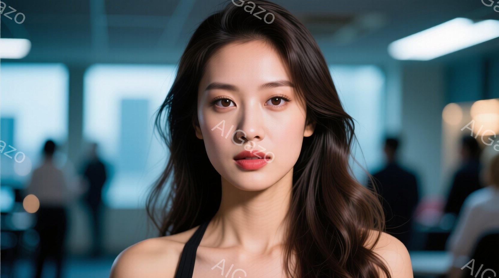 長い黒髪を肩にかけた女性が写っている。彼女は黒いタンクトップを着ており、顔色は健康的で、唇はわずかに赤く塗られている。背景はぼやけており、人々と室内空間がうかがえるが、焦点は女性自身にある。 - AI生成フリー素材