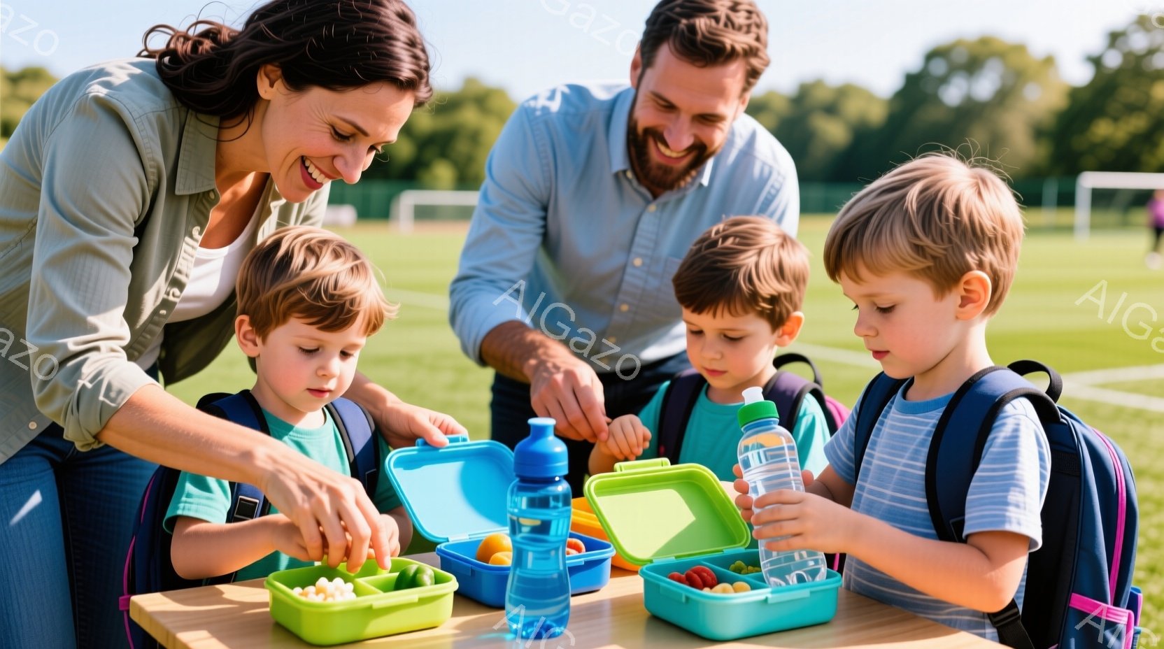 浅い緑色のテーブルを囲んで、母親と父親、そして３人の幼い子供たちがいます。母親は青い弁当箱から何かを子供の１人に手渡しており、父親は別の子供に水筒を渡そうとしています。背景には緑豊かな芝生と木々が見え、晴れた日の温かい家族の雰囲気が伝わってきます。