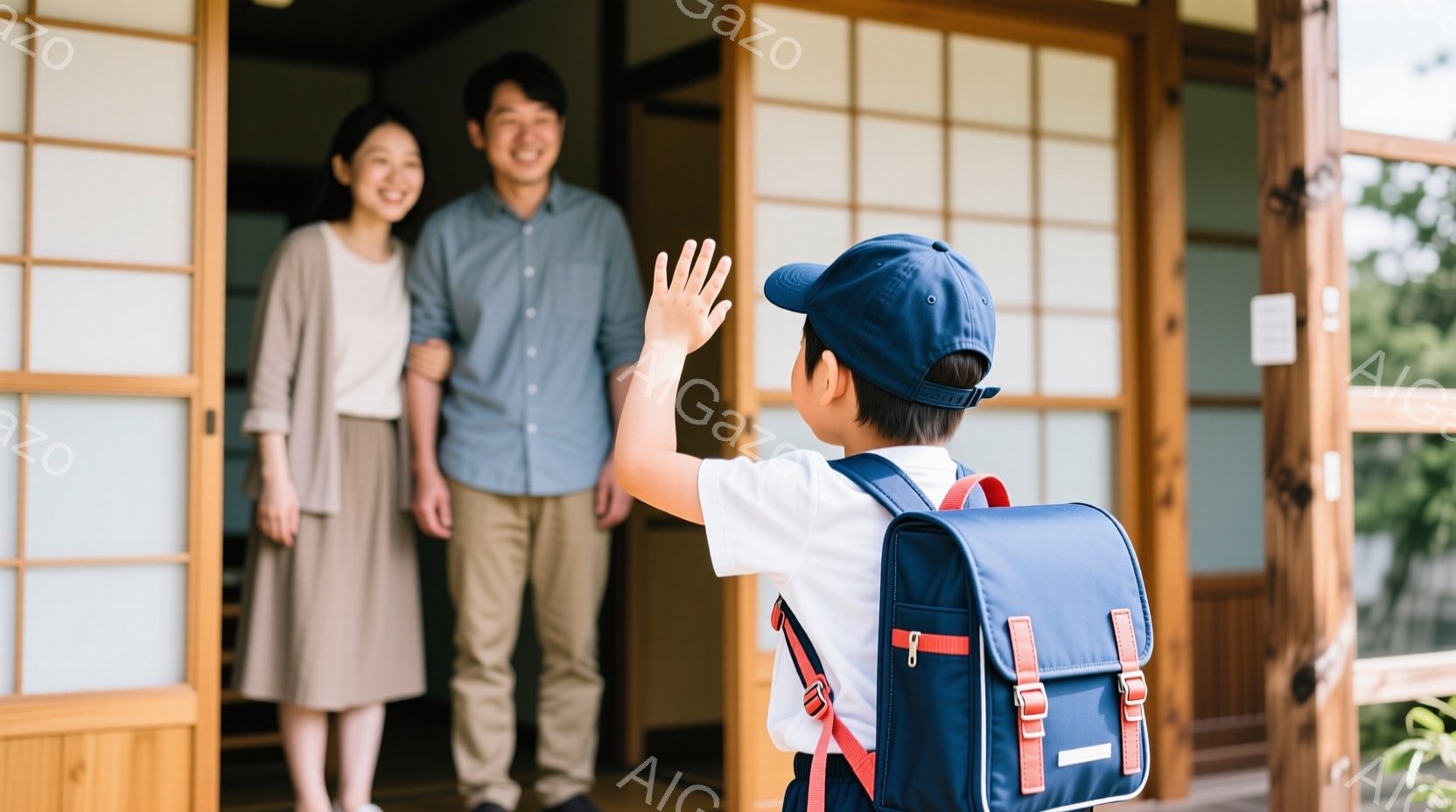 小さな男の子が紺色の帽子と白いTシャツを着て、赤いストラップの青いランドセルを背負い、誰かに手を振っています。背景には、ベージュ色の服を着た母親と、薄い青色のシャツを着た父親が、障子戸の開いた家の入り口で笑顔で立っています。木造の家と緑豊かな自然が見え、晴れた日の穏やかな雰囲気です。