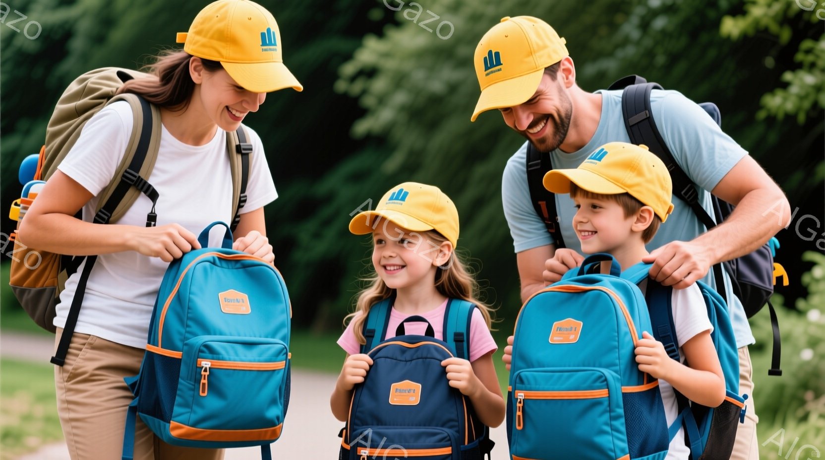 家族四人が並んで立っており、それぞれ青色のバックパックを背負っています。母親と父親は白いTシャツとベージュ色のズボンを着用し、子供たちはそれぞれ似たような服装で、明るい笑顔を浮かべています。背景には緑豊かな木々と穏やかな天候が広がっており、家族の楽しい外出の雰囲気が伝わってきます。