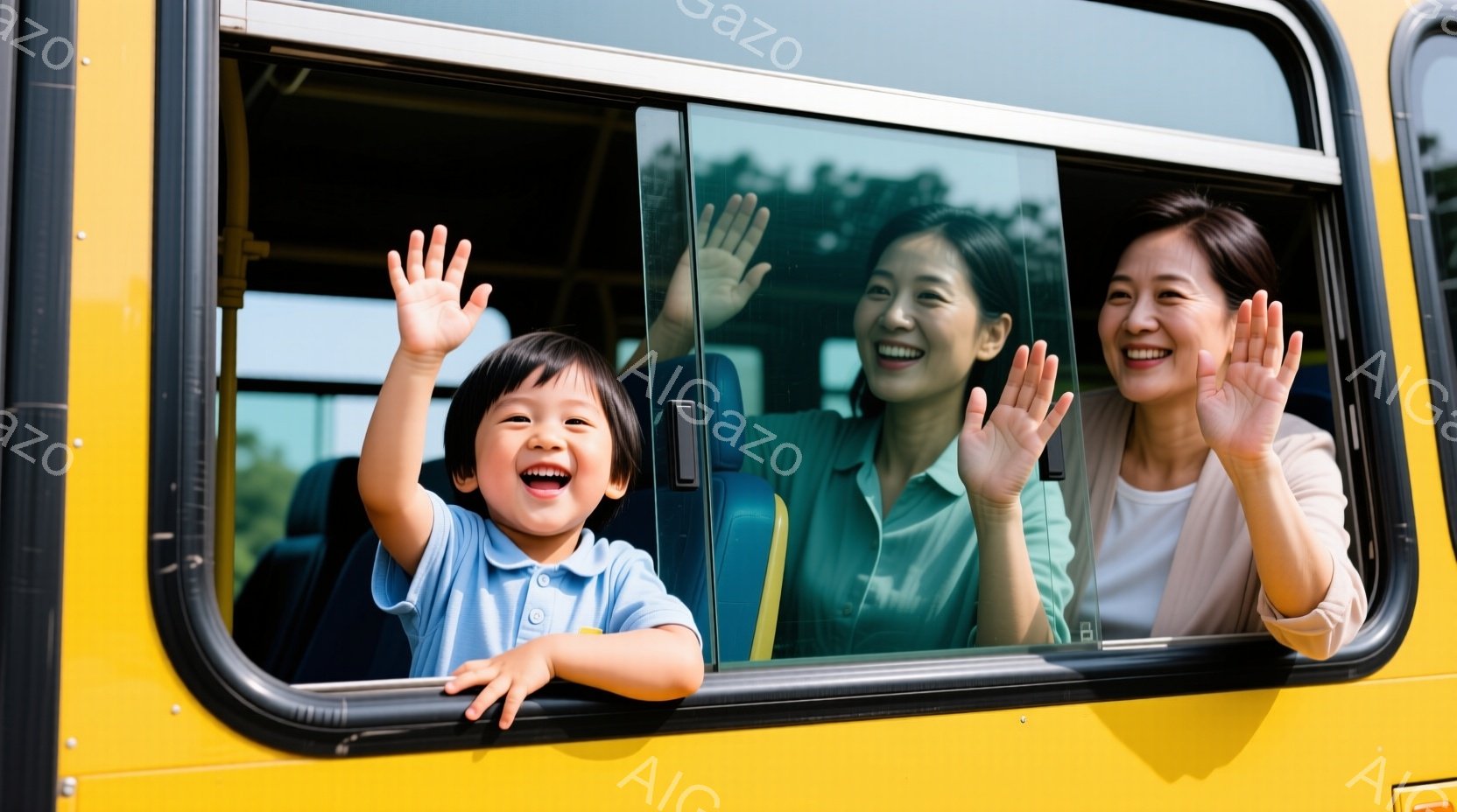 黄色のバスの窓から、笑顔の少年と女性が手を振っています。少年は青い襟のシャツを着ており、女性は緑のシャツを着ています。背景には緑豊かな木々が見え、晴れた日の楽しい雰囲気が伝わってきます。