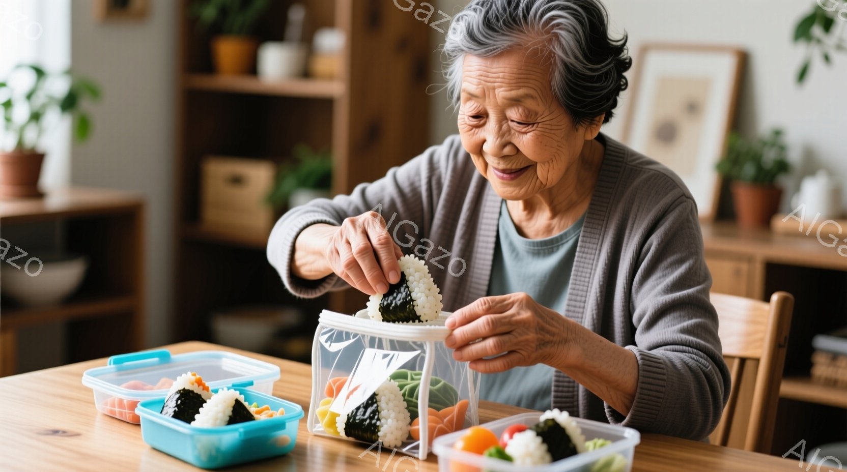 白髪の高齢女性が、おにぎりを透明なビニール袋に詰めています。灰色のセーターを着ており、穏やかな笑顔で少しうつむき加減で作業に集中しています。背景には木製の棚と植物が見え、暖かく家庭的な雰囲気が漂っています。