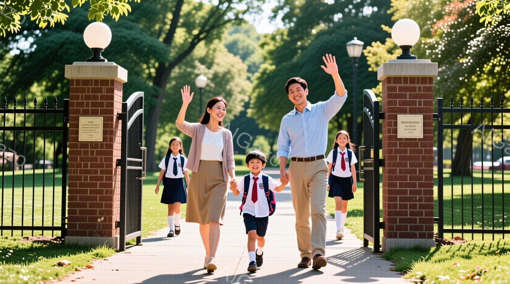 広々としたキャンパスの入り口を、母親、父親、そして数人の制服を着た子供たちが笑顔で歩いている様子が写っている。母親はベージュのスカートと白いシャツを着ており、父親は白いシャツにベージュのパンツを合わせている。背景には緑豊かな木々が立ち並び、晴天の下、明るく希望に満ちた雰囲気が漂っている。