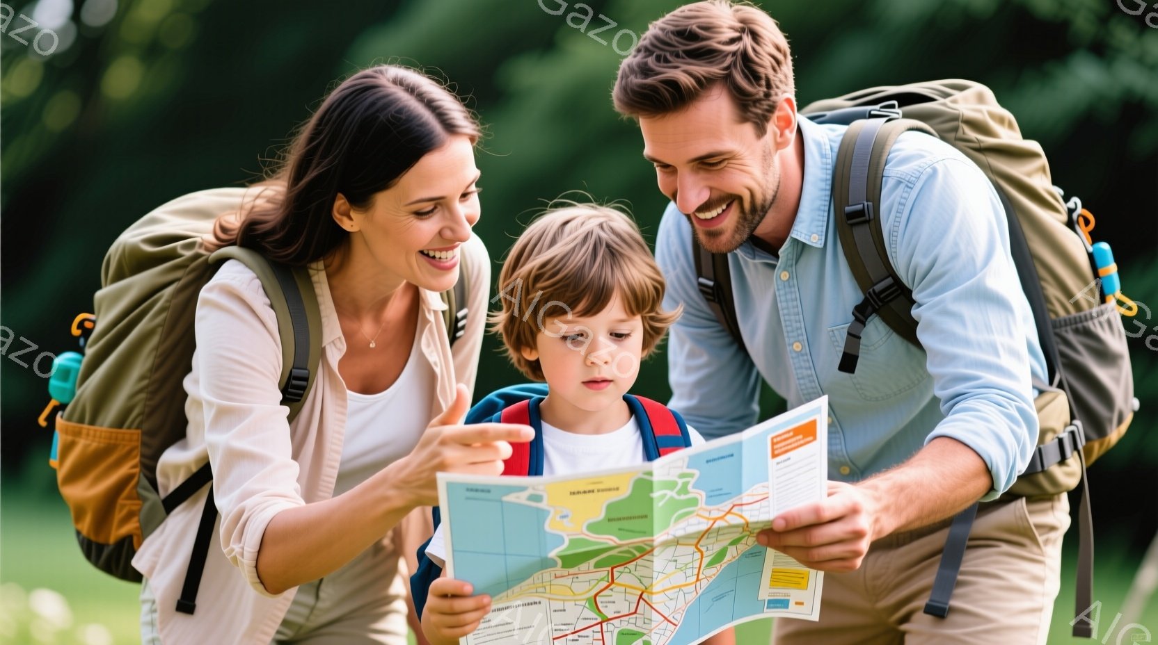 家族がハイキングの地図を見ている様子が写っています。母親はブロンドの髪を後ろで束ね、ベージュ色の服を着ています。父親は濃い髪と髭を生やし、青いシャツとカーキ色のズボンを着用し、子供は赤いリュックサックを背負い、地図を指差しています。