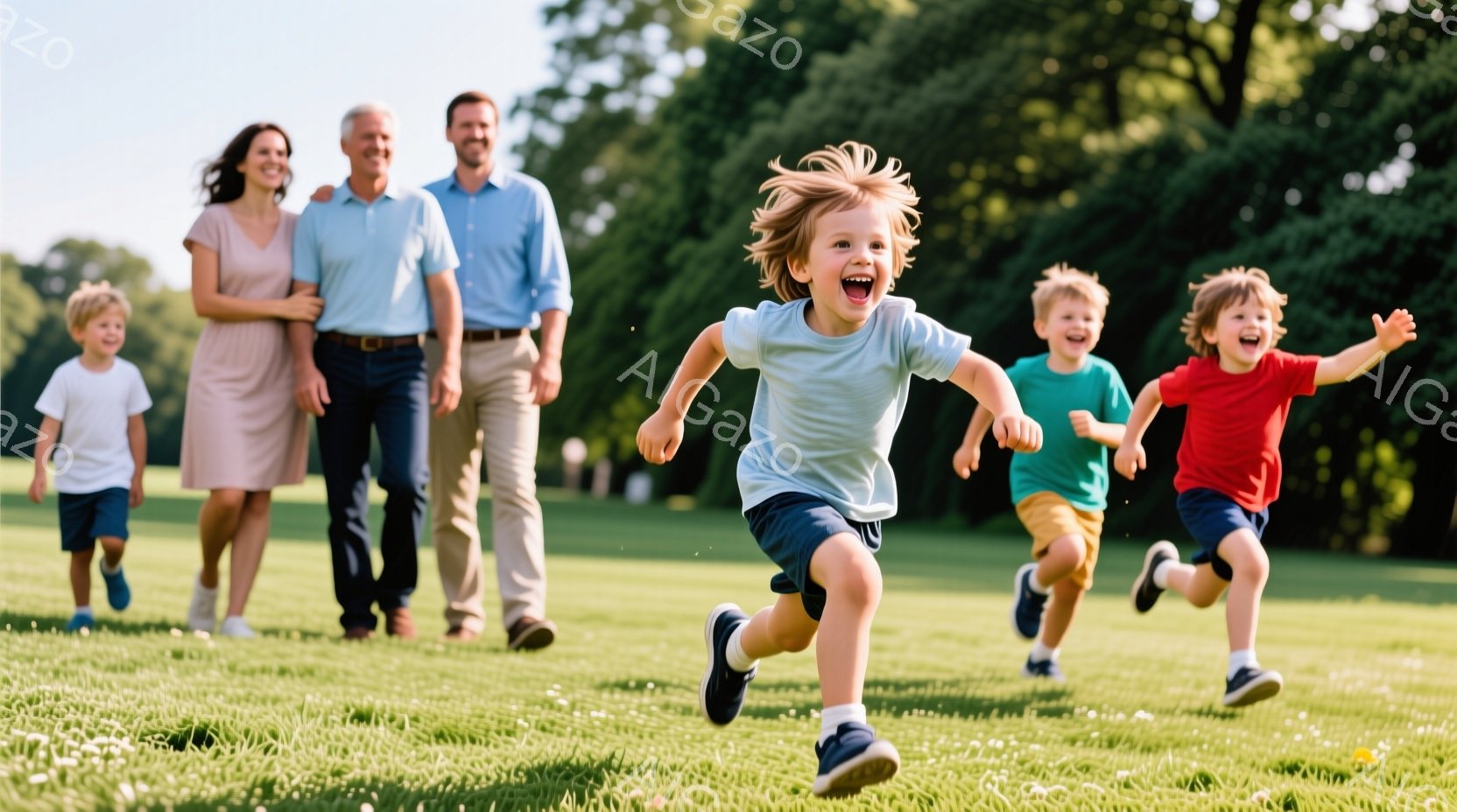 緑豊かな芝生の上を、若い男女と3人の子供たちが走っている様子が描かれている。母親はピンク色のワンピースを着て、父親は青いシャツにズボンを履き、子供たちはそれぞれ青色と赤色のTシャツを着ている。背景には - AI生成フリー素材
