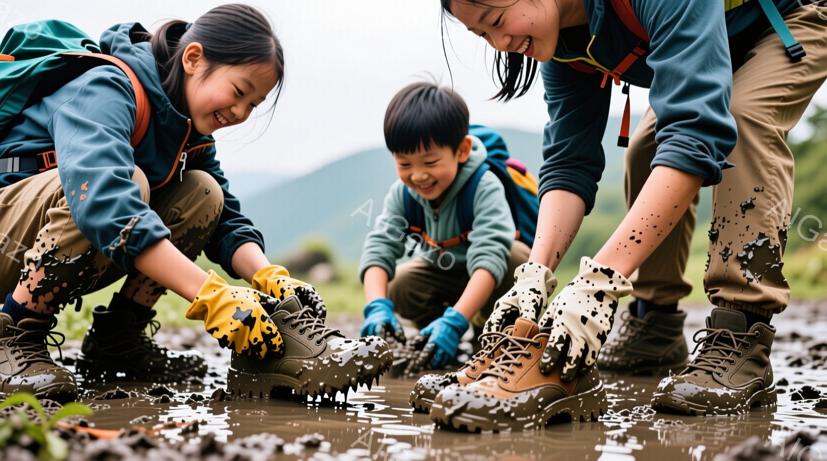 二人の子供が泥だらけの地面にひざまずき、楽しそうに泥で遊んでいます。彼らは青いジャケットとカーキ色のズボンを着ており、ハイキング用のブーツを履いています。背景には緑の丘と曇り空が見え、自然の中で遊びを楽しむ子供たちの活気ある雰囲気が伝わってきます。