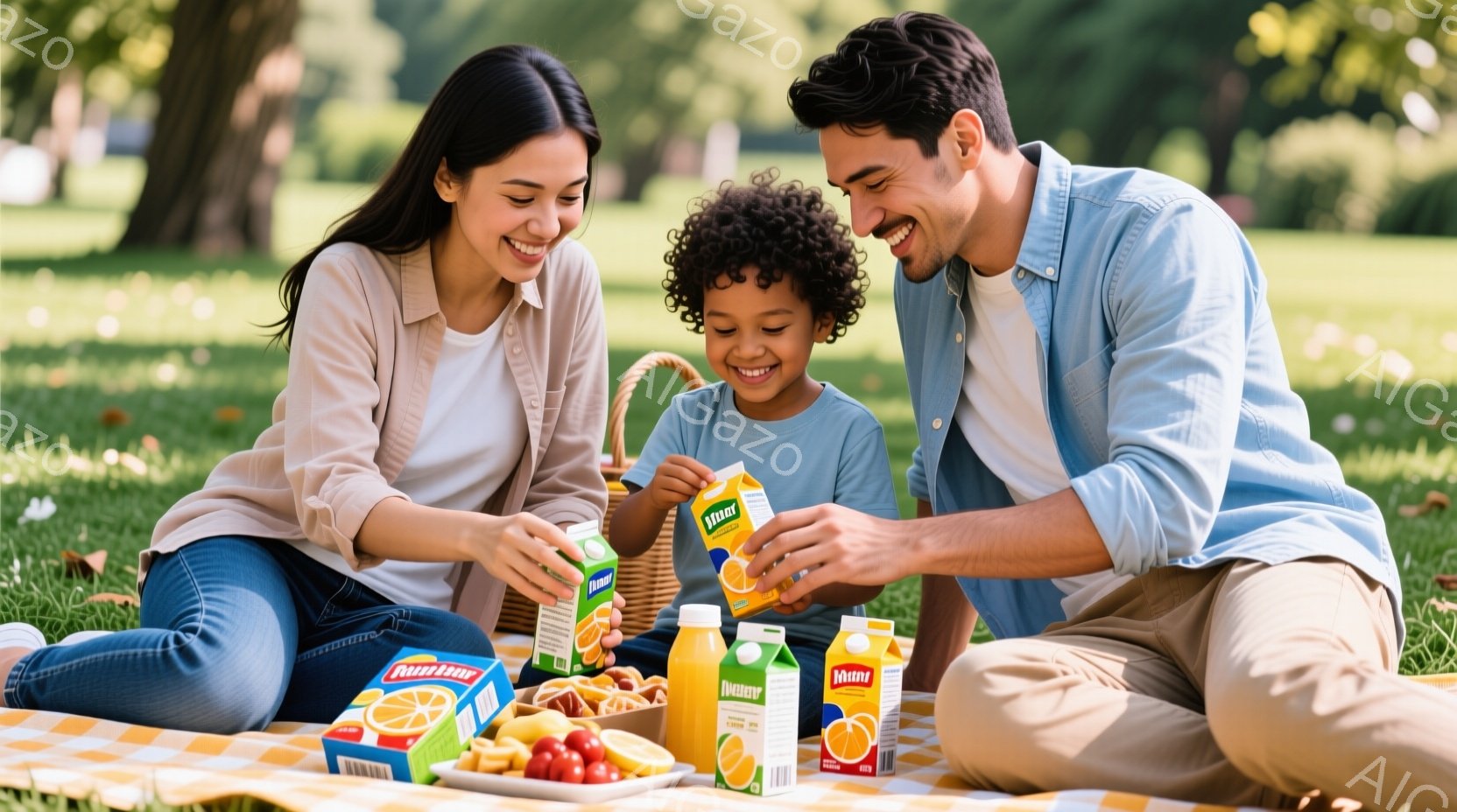 家族がピクニックを楽しんでいる様子が写っています。母親は明るい色のトップスにジーンズ姿で、息子にオレンジジュースを手渡そうとしています。父親は笑顔で、息子にジュースを受け取ってもらおうとしており、背景 - AI生成フリー素材
