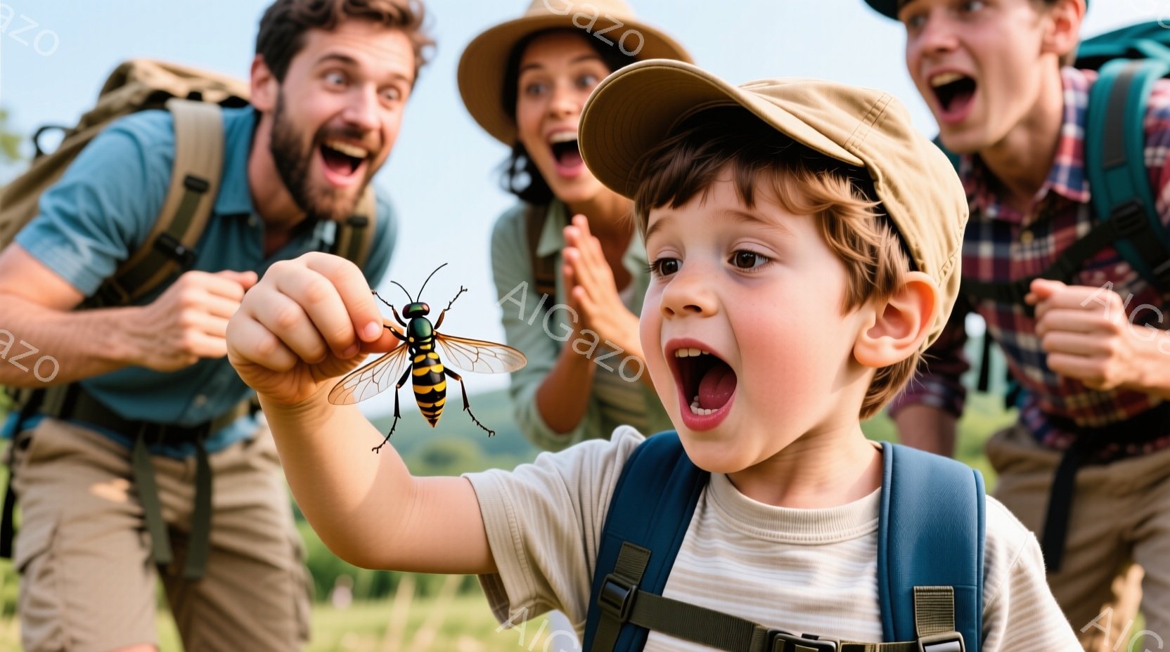 少年は驚いた表情で大きな蜂を手に持っており、背景にはハイキングの装備をした家族が映っています。家族は皆、驚きと興奮を隠せない表情で、緑豊かな草原の中にいます。晴れた空と自然に囲まれた、活気に満ちたアウ - AI生成フリー素材