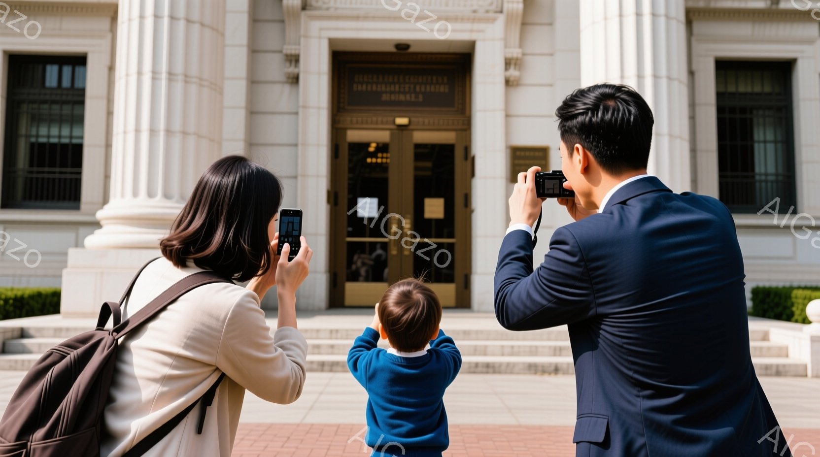 建物の前に立つ家族が写っています。母親はベージュ色のジャケットを着て黒髪で、スマートフォンで写真を撮っています。父親は紺色のスーツを着て、少し高い位置からカメラで写真を撮っており、子供は青いジャケットを着て背中を見せて立っています。