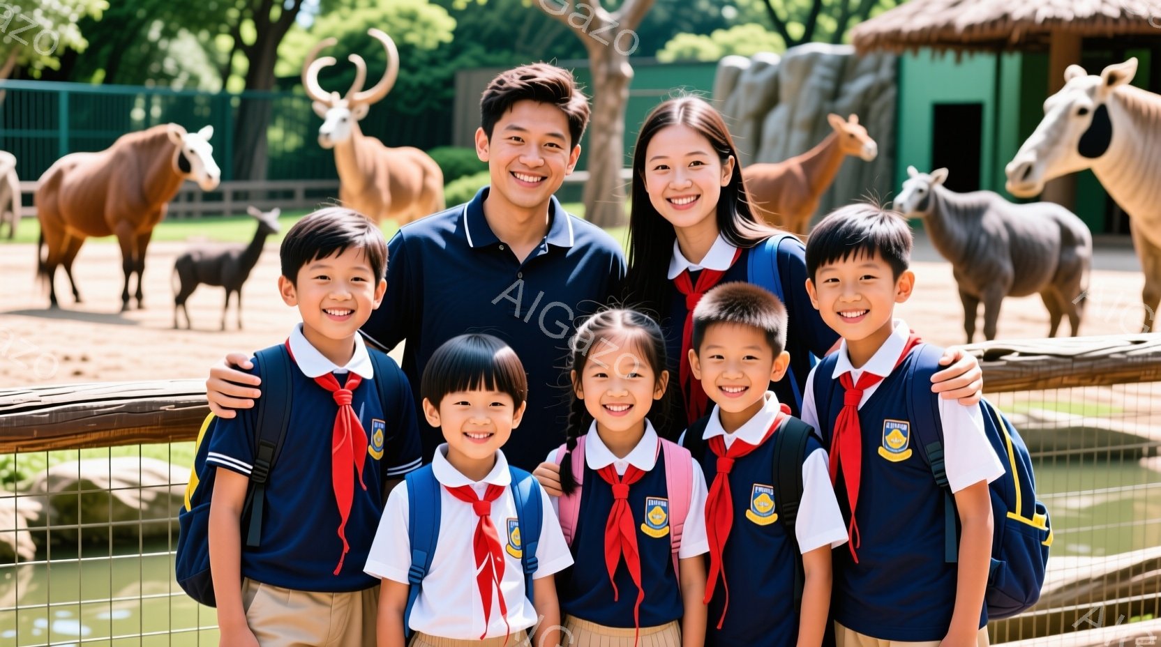 笑顔の家族が動物園で写っている。母親はロングヘアで白いシャツを着ており、父親は紺色のポロシャツを着ている。子供たちは皆、紺色のポロシャツと茶色のズボンまたはスカートを着ており、赤いネクタイとバックパックを背負っている。