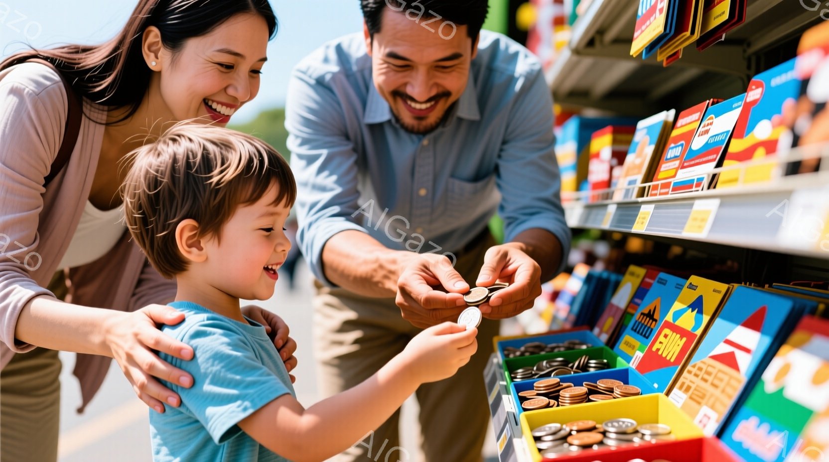 少年はコインを父親に手渡そうとしており、母親は笑顔でそれを見守っています。 父親は青いシャツを着ており、母親はベージュ色のトップスを着ています。 背景には、お土産や商品が並んだお店があり、明るい日差しの中で家族が楽しんでいる様子がうかがえます。