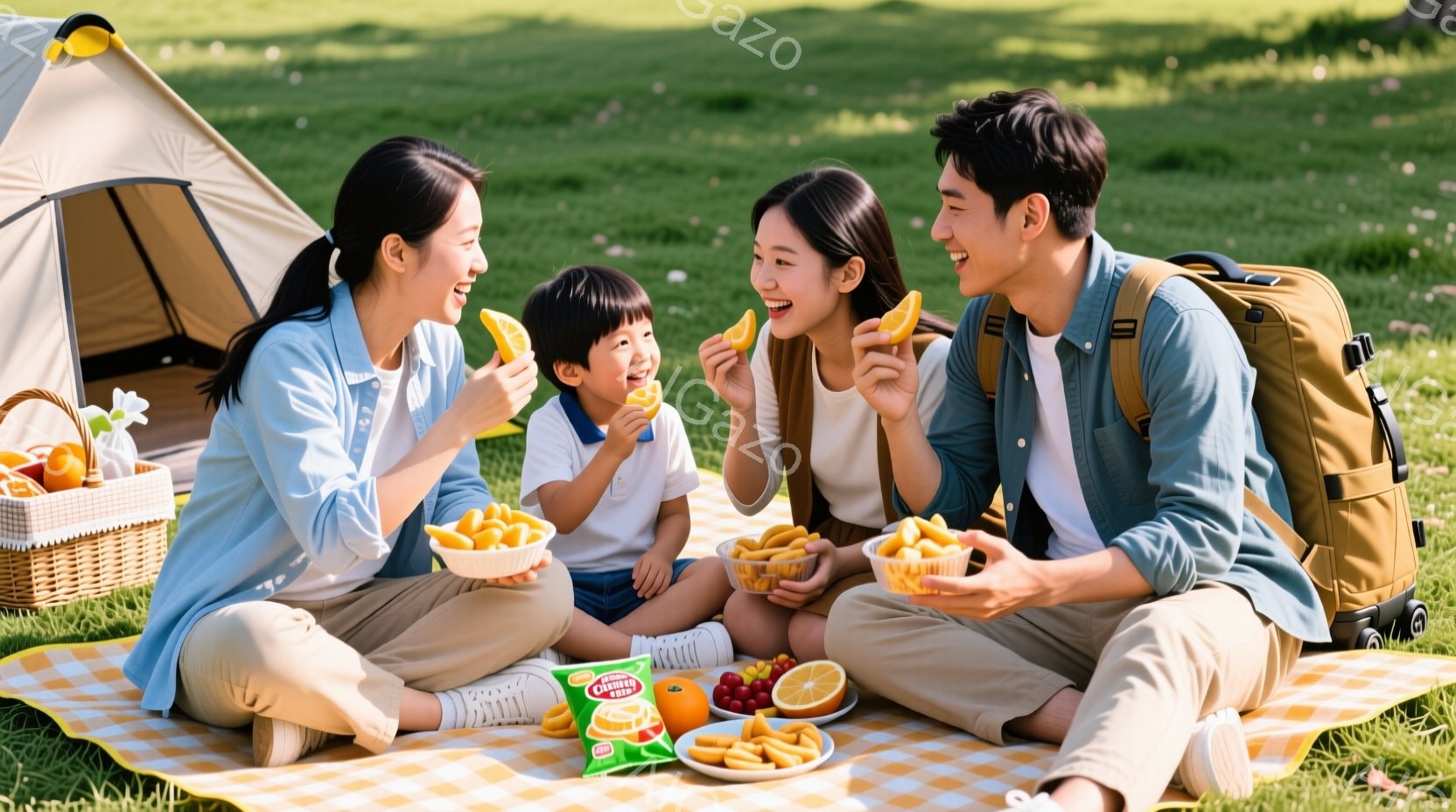 広々とした緑の芝生の上で、家族がピクニックを楽しんでいる様子が写っています。母親と父親はそれぞれ明るい色のシャツを着ており、幼い息子は青いTシャツとショートパンツ姿で、みんな笑顔でスナック菓子を手にし - AI生成フリー素材