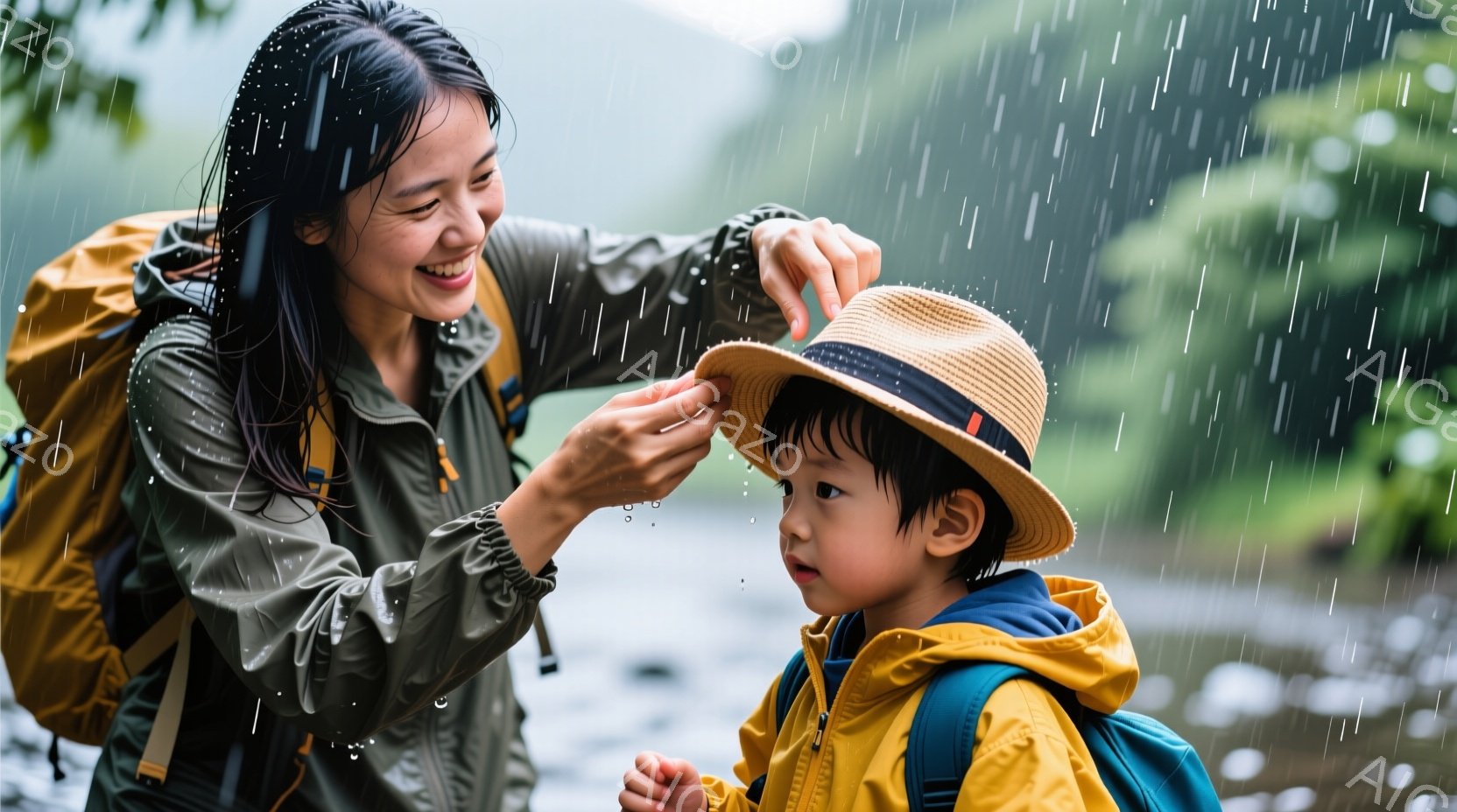 母親が、雨の中で息子に帽子をかぶせてあげています。母親は緑色のレインジャケットを着ており、笑顔で息子を見下ろしています。背景には緑豊かな森林と雨が降り注ぐ風景が広がり、温かく優しい雰囲気が漂っています。
