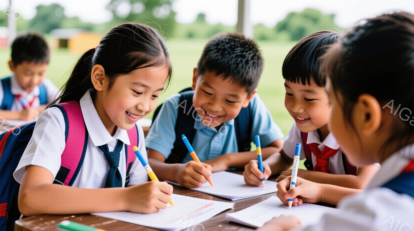 小さな子供たちが机を囲んで勉強している様子が写っている。制服を着ており、明るい笑顔を浮かべている。背景には緑豊かな自然が見え、晴れた日の温かい雰囲気が伝わってくる。 - AI生成フリー素材