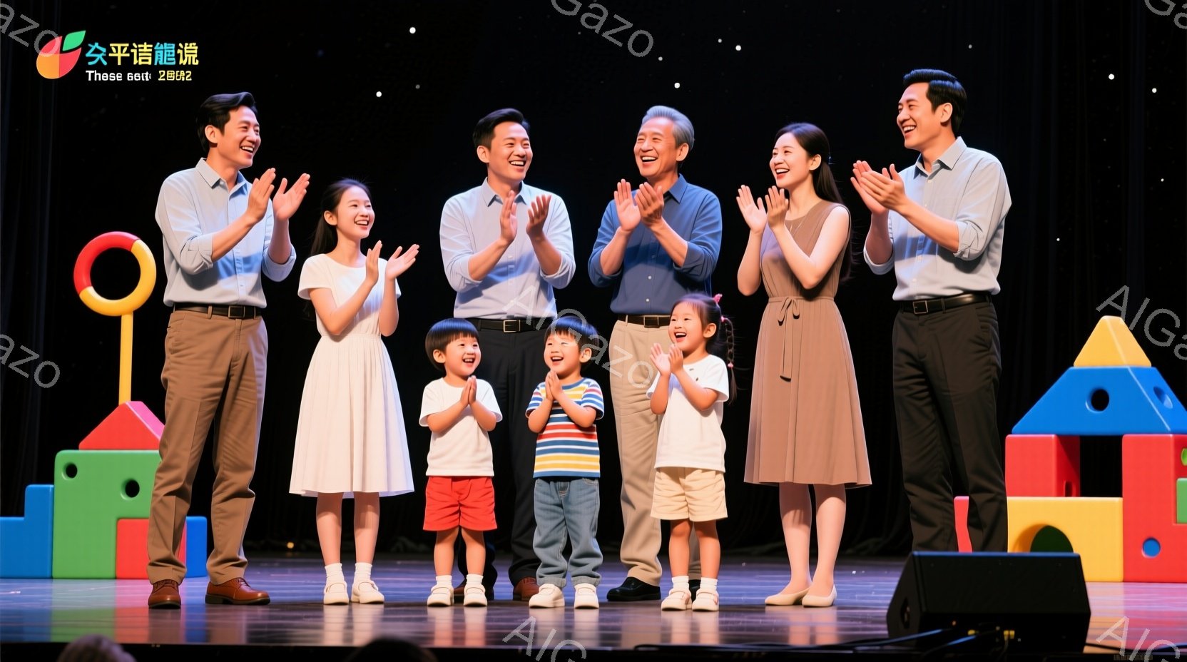 舞台上で、家族全員が拍手をして笑顔を見せています。母親はピンク色のワンピース、父親と2人の男性は青いシャツにズボン、2人の子供はカラフルなカジュアルな服装で、それぞれが明るい表情をしています。背景には、カラフルな積み木で作られたお城のようなセットがあり、活気があり温かい雰囲気を醸し出しています。