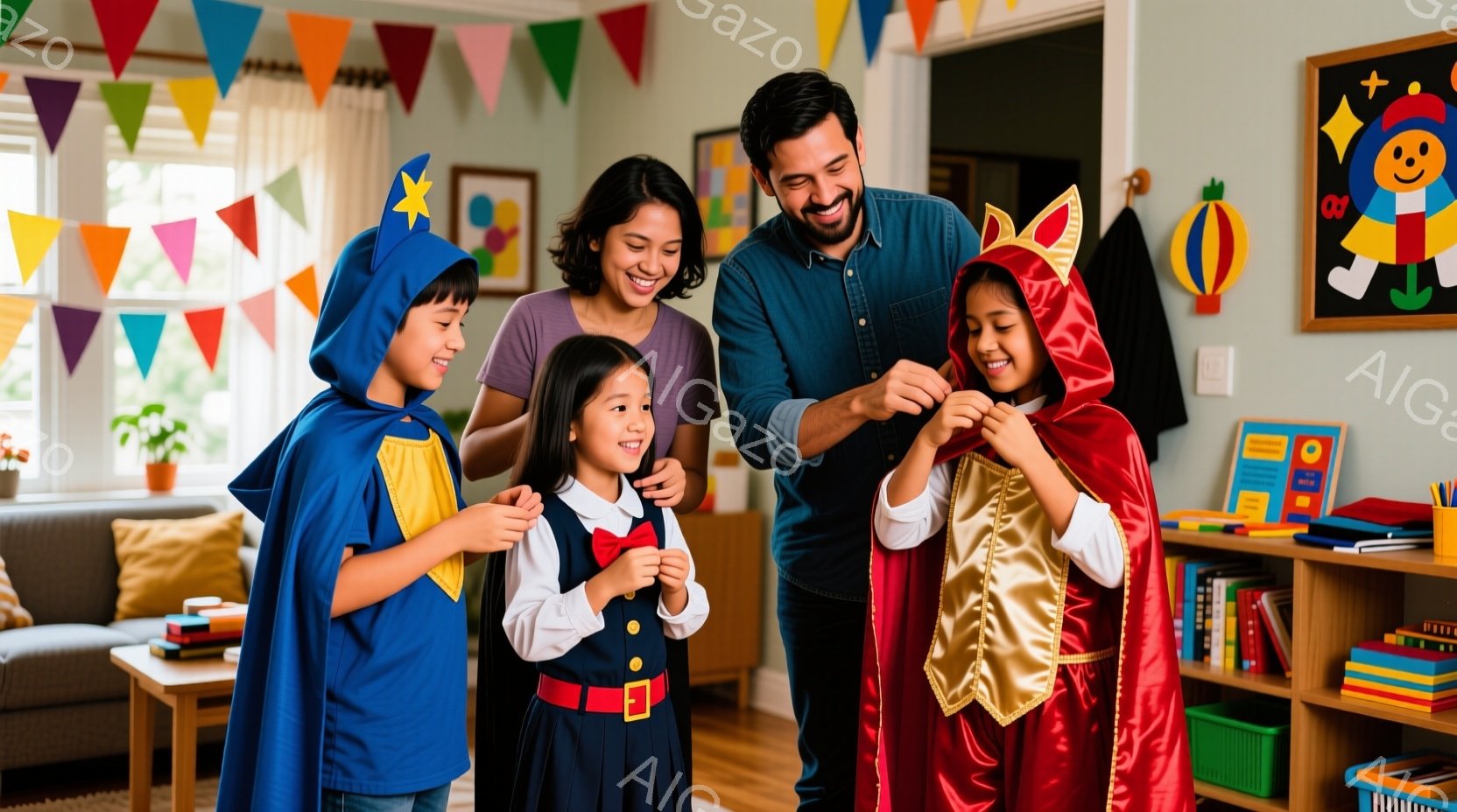 暖炉のあるリビングで、母親と父親が子供たちのコスチュームを手伝っている様子が描かれています。子供たちはスーパーヒーロー風の衣装を着ており、笑顔でポーズをとっています。背景には本棚や植物があり、室内は明るく、お祝いムードに満ちています。