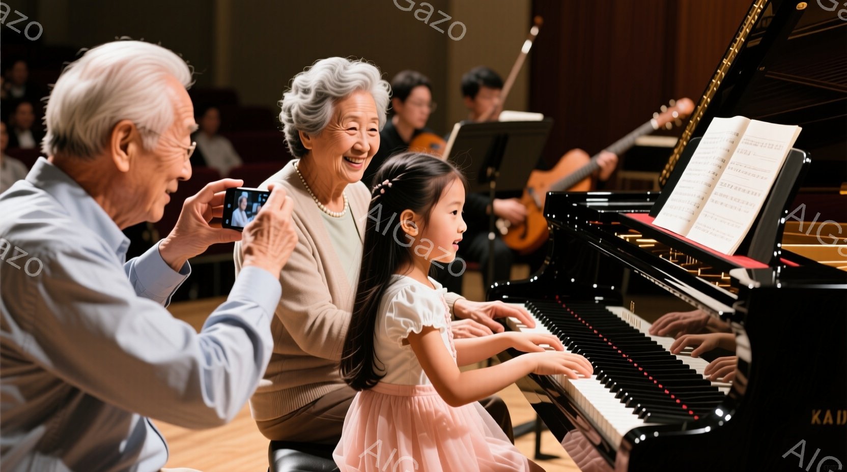年配の夫婦がコンサート会場でピアノを弾く少女を撮影している。少女はピンクのドレスを着ており、真剣な表情でピアノに集中している。会場は観客で埋め尽くされており、ステージ上には他の楽器奏者もおり、温かく感動的な雰囲気が漂っている。