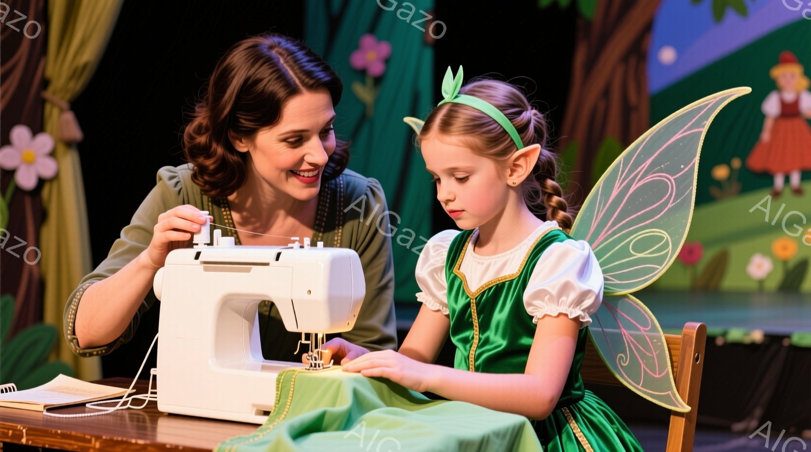 若い女の子と女性が写っています。女の子は緑色のドレスと羽をつけ、真剣な表情でミシンを使っています。背景には、カラフルな花と木々が描かれた舞台セットがあり、楽しげでファンタジーのような雰囲気です。
