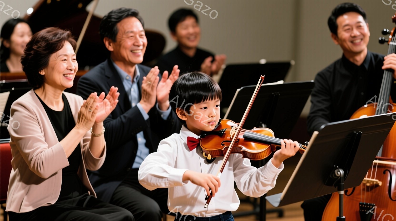 少年がバイオリンを演奏しており、真剣な表情で集中しています。周りには観客がおり、特に左側の女性は両手を叩いて喜びを表現しています。背景には他の楽器奏者や譜面台が見え、コンサートホールのような雰囲気で、暖かく感動的な場面です。