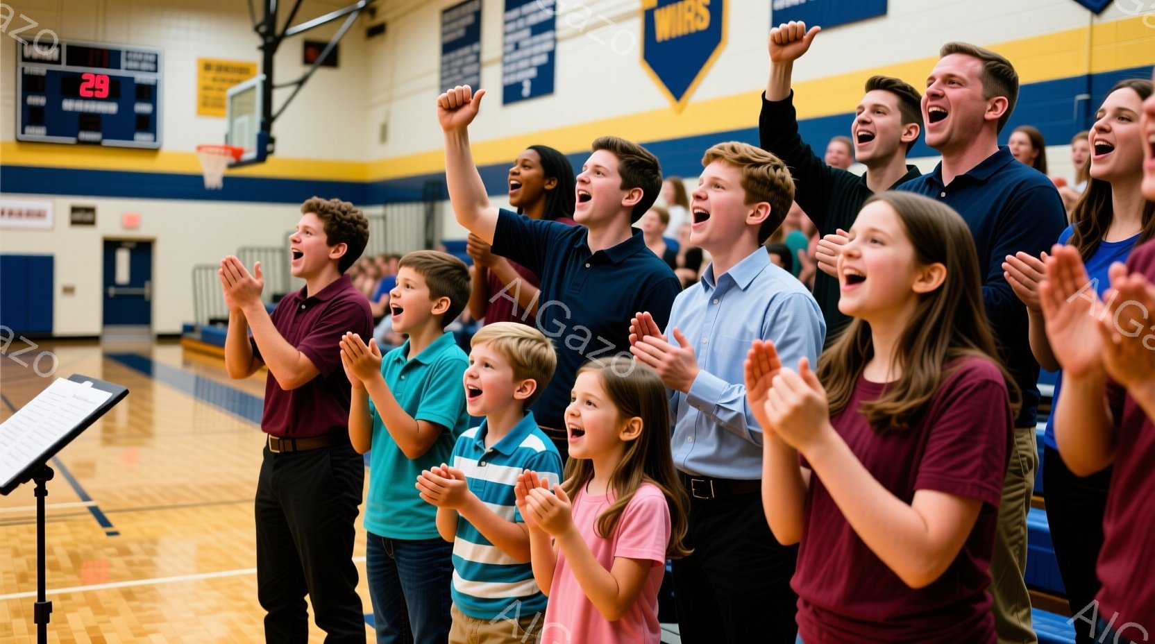 体育館の観客席で、さまざまな年齢の子供と大人が歓声を上げている様子が写っています。彼らは明るい色のシャツやブラウスを着ており、興奮した表情で両手を高く上げています。背景にはバスケットボールコートとスコアボードが見え、活気に満ちた、応援している雰囲気です。