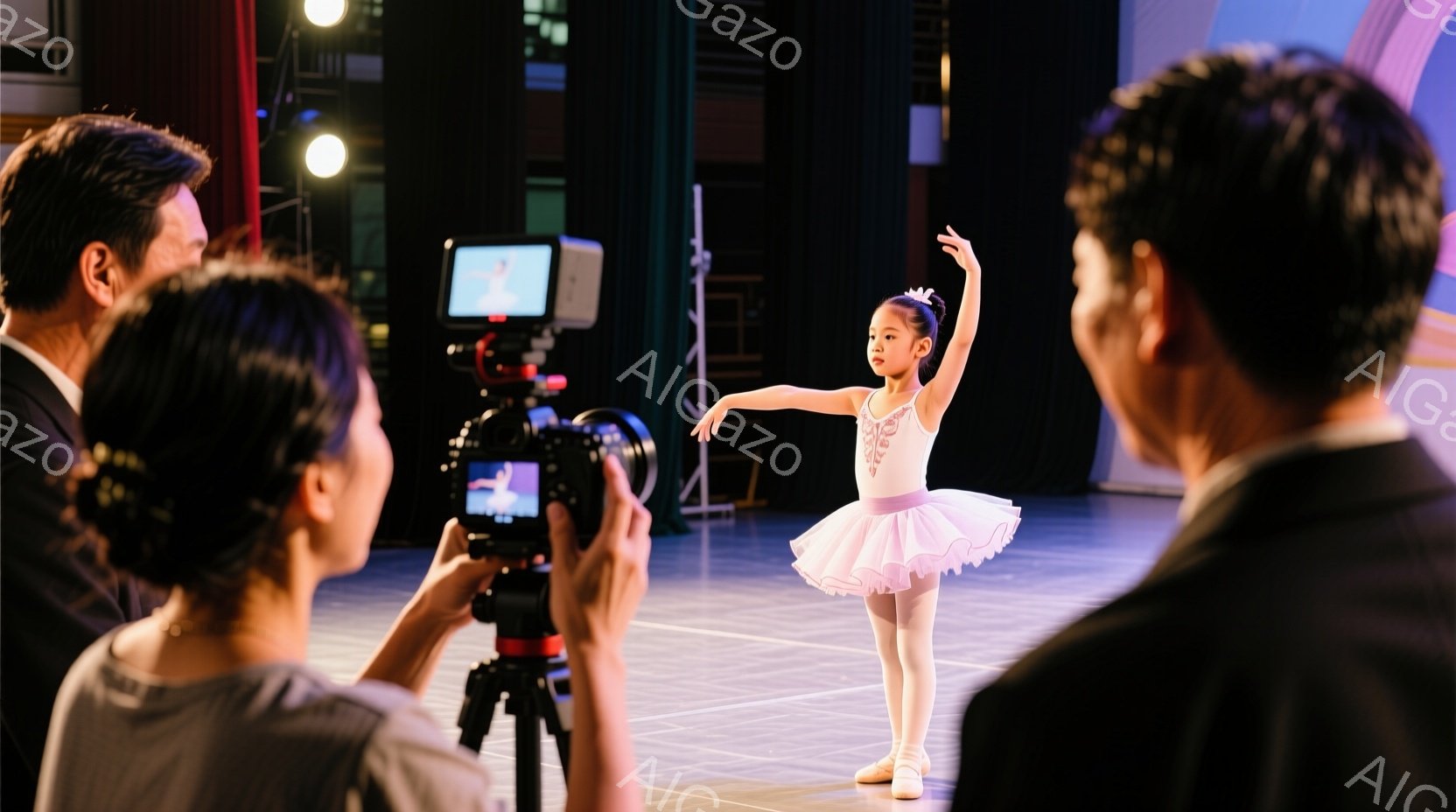 バレリーナの少女が舞台上で踊っています。ピンク色のチュチュドレスとバレエシューズを身につけ、髪はきっちりとまとめられています。背後にはカメラとオペレーターがおり、撮影を行っている様子が伺えます。