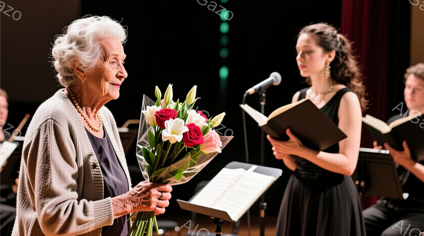 白髪の女性が花束を抱え、少し微笑んでいます。彼女はベージュのカーディガンを着ており、背景には黒いドレスを着た女性が楽譜を手にマイクの前に立っています。会場は暗く、ステージのような場所で、全体的に落ち着いた、感動的な雰囲気が漂っています。