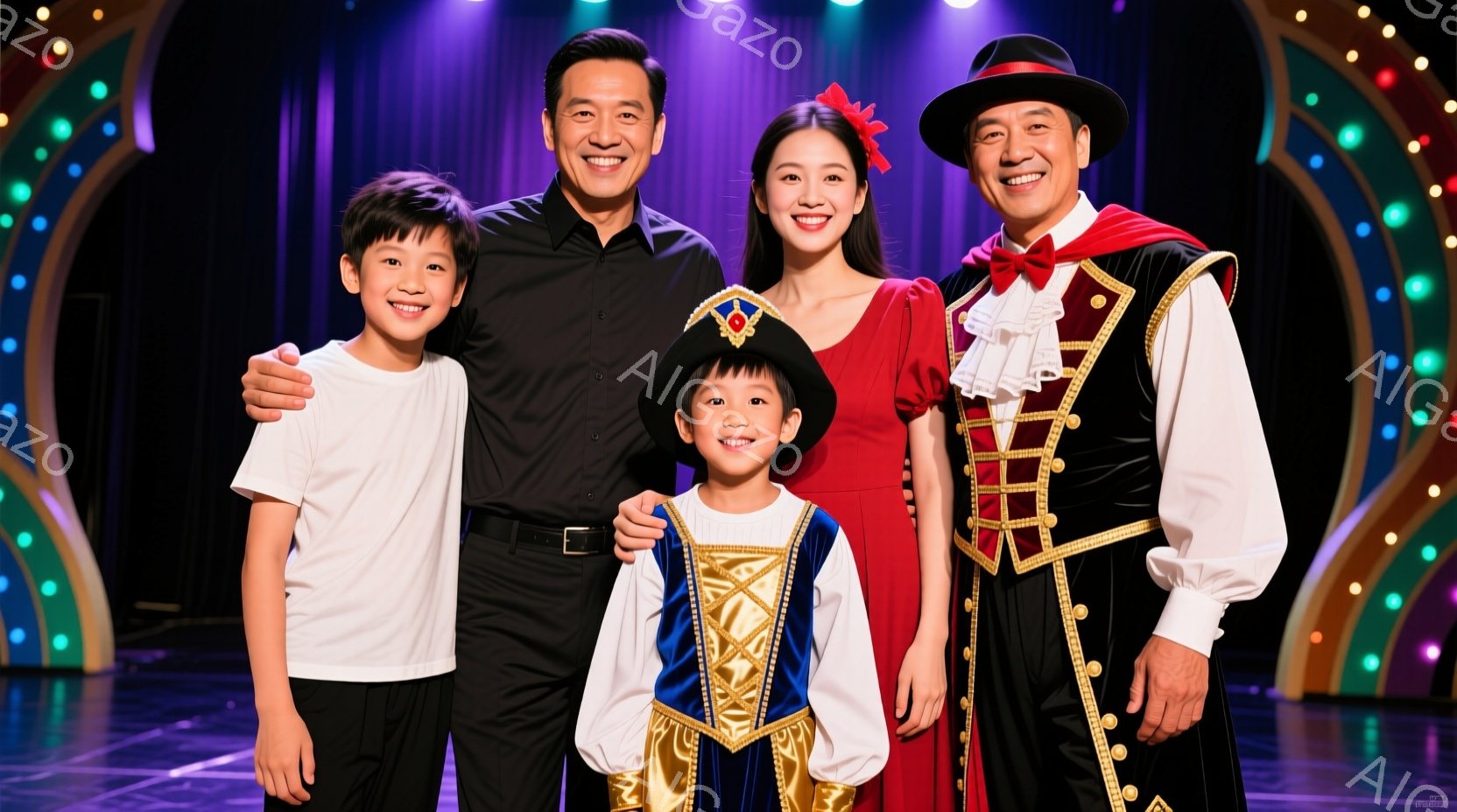 舞台上で、男性、女性、そして二人の幼い子供が肩を並べて立っている。男性は黒いシャツとズボンを着用し、女性は赤いドレスを着ている。二人の子供は、それぞれカジュアルな服装と、鮮やかな青と金の衣装を身に着けており、皆笑顔でカメラを見ている。