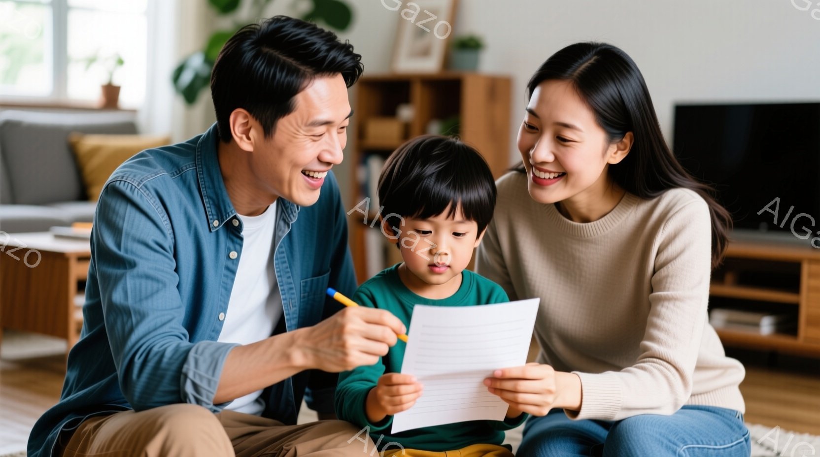 室内で、若い男性と女性、そして幼い子供が床に座って何かを見ている様子が描かれています。男性は青いシャツを着ており、女性はベージュ色のセーターを着ています。子供は緑色の服を着ており、三人は笑顔で、温かく - AI生成フリー素材