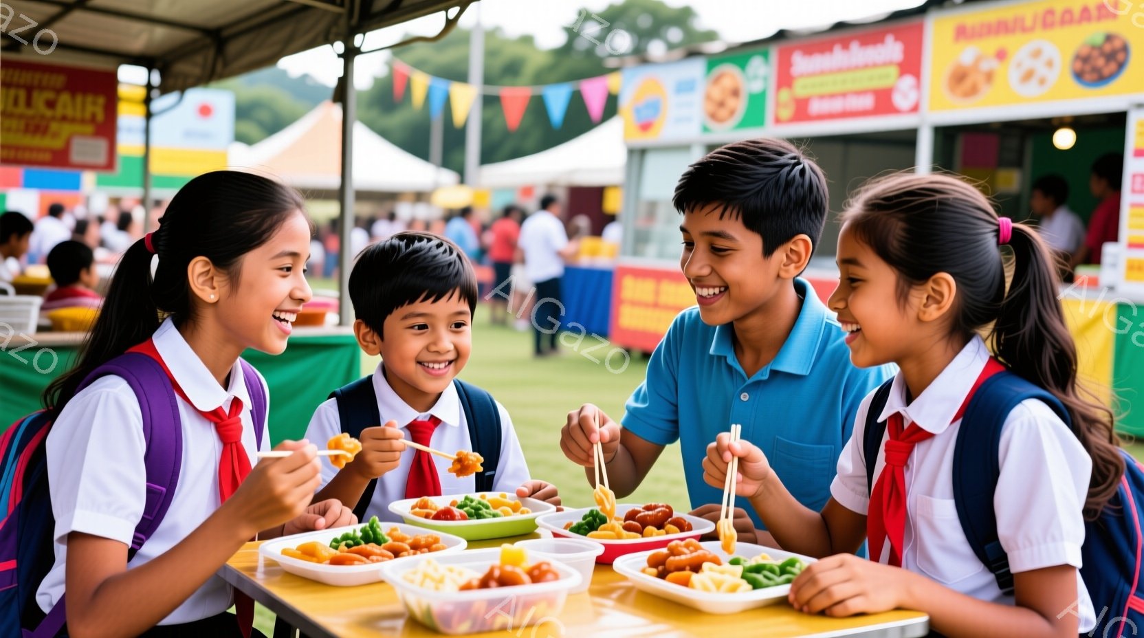 4人の子供たちが屋外のテーブルを囲んで食事をしている。子供たちは学校の制服を着ており、それぞれが箸を使って料理を食べている。背景には屋台や緑豊かな自然が見え、晴れた日の楽しい雰囲気が漂っている。
