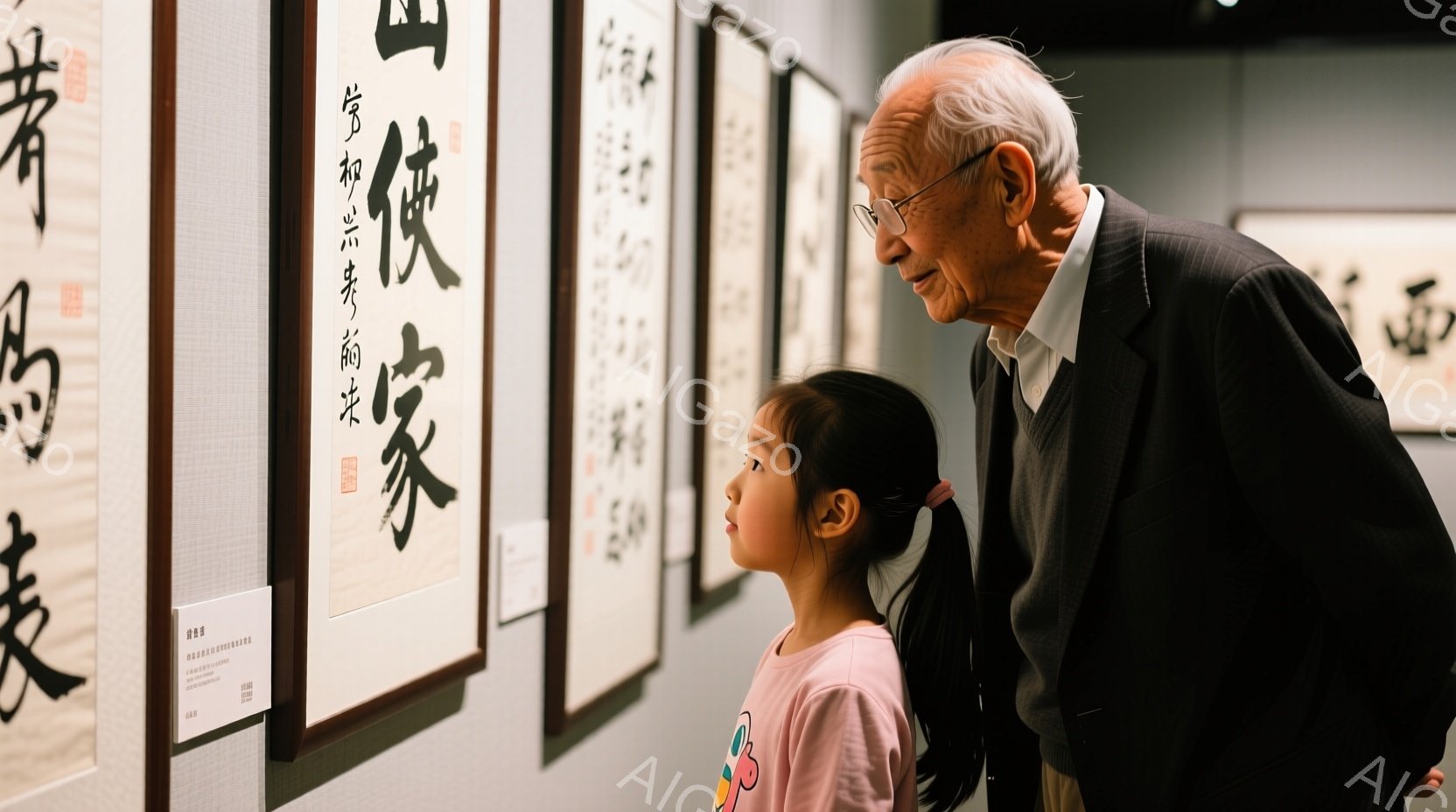年配の男性と若い女の子が、美術館の壁に掛かった掛け軸を鑑賞している様子が写っている。男性は黒いジャケットを着ており、女の子はピンクとカラフルな模様のTシャツを着ている。二人は少し上を見上げて、掛け軸に集中した表情で、静かで文化的な雰囲気が漂っている。