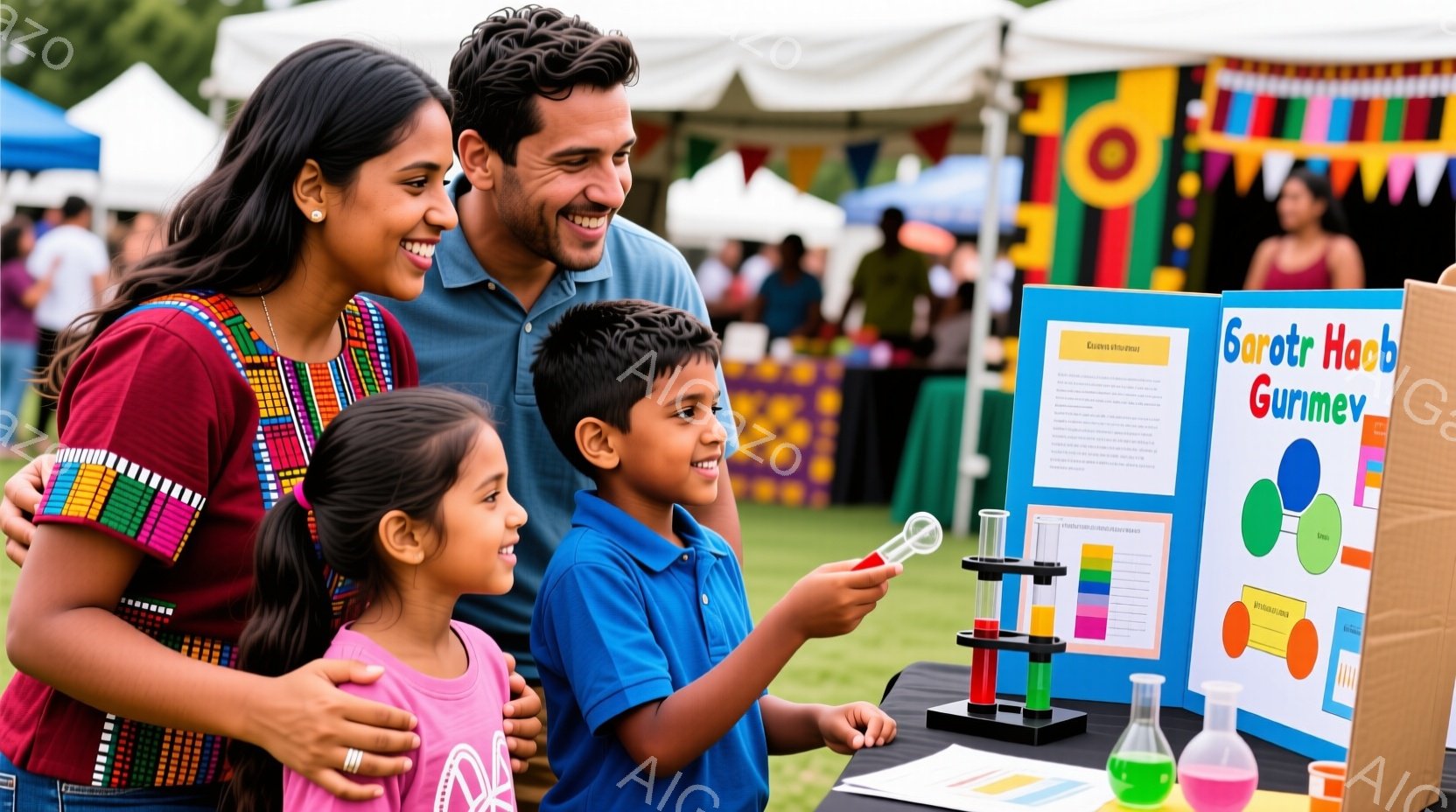 母親、父親、そして二人の子供たちが、科学実験の展示の前で立っている。母親は赤いヘアバンドをつけており、父親は青いシャツを着ている。背景には、カラフルなテントや緑の芝生が見え、晴れた日の屋外イベントの様子が伺える。