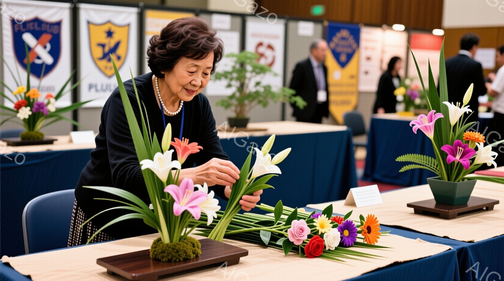 年配の女性が、青いテーブルの上に置かれた花材を手に、生け花を作っています。彼女は黒いジャケットとパールネックレスを身につけ、髪を後ろにまとめています。背景には、他の花や展示物、そして人々が見え、活気のあるイベントの様子が伺えます。
