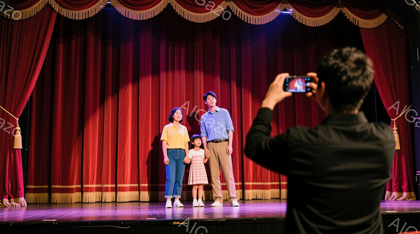 舞台中央に、女性と幼い少女が立っている。女性は黄色いTシャツにデニムのズボンを着用し、少女はピンク色のワンピースを着ている。背景には赤いカーテンが広がり、誰かがスマートフォンで写真を撮っている様子がうかがえる。