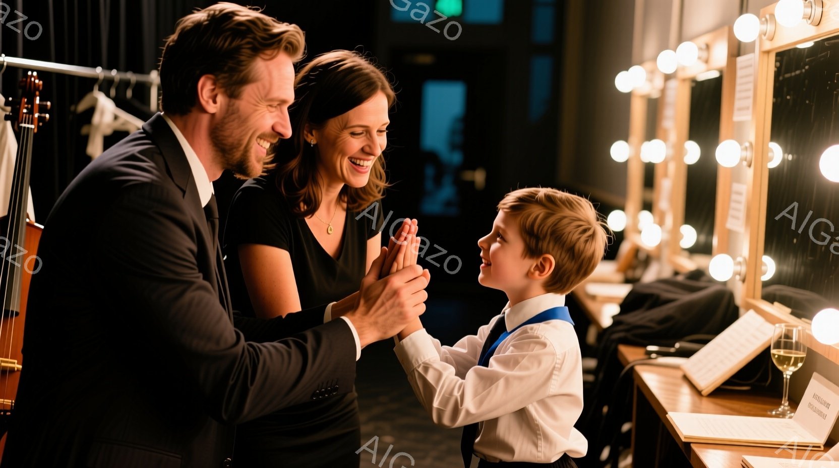 舞台袖と思われる場所で、笑顔の男性、女性、少年がハイタッチをしている様子が写っています。男性は黒のスーツ、女性は黒いドレス、少年は白いシャツに青いネクタイというフォーマルな服装で、それぞれ顔に喜びの表情が見られます。背景には楽器や楽譜、そして光るドレッサーがあり、公演後や成功を祝う、温かく親しげな雰囲気が漂っています。