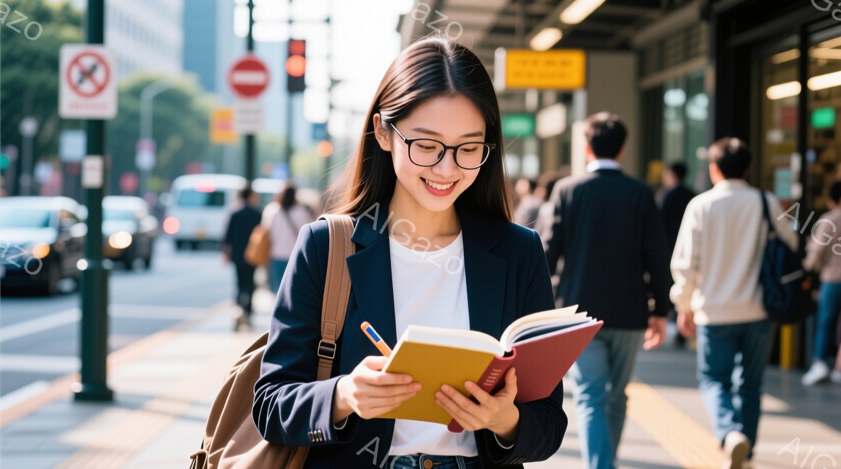 若い女性が街中でノートを開いて何かを書き込んでいる。彼女は黒縁メガネをかけ、白いシャツにネイビーのジャケット、そしてリュックサックを背負っている。背景にはぼやけた建物と人々が見え、晴れた日の穏やかな雰囲気が感じられる。