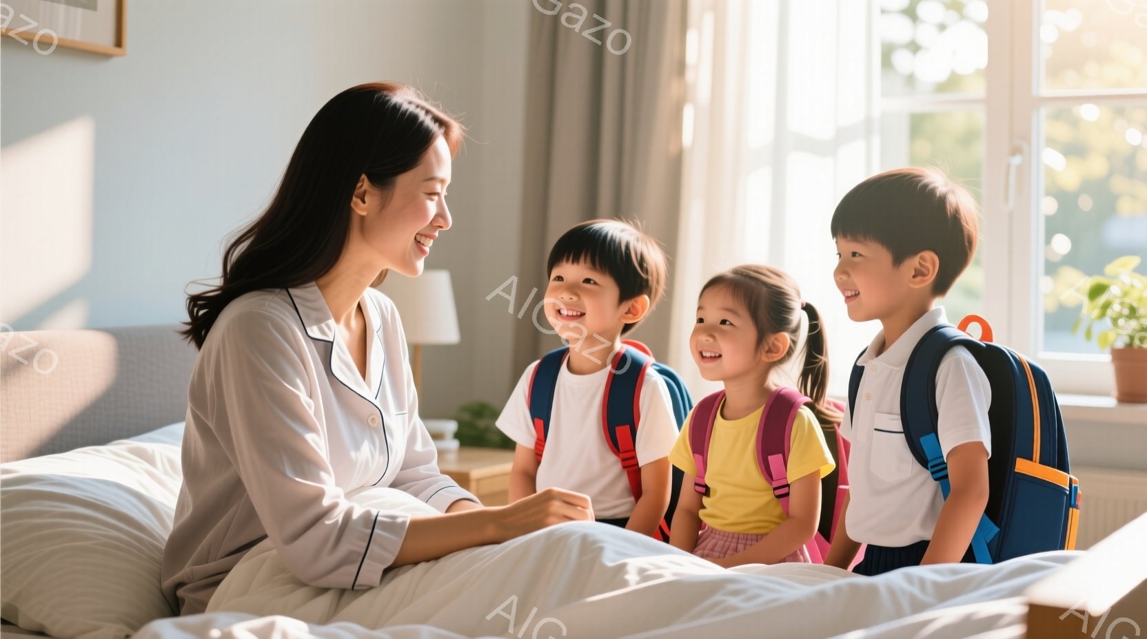 ベッドに座る女性と、リュックサックを背負った3人の子供たちが写っています。女性は白いシャツを着ており、笑顔で子供たちを見つめています。子供たちは白いシャツと色とりどりのボトムスを着ており、それぞれ笑顔で女性の方を向いています。