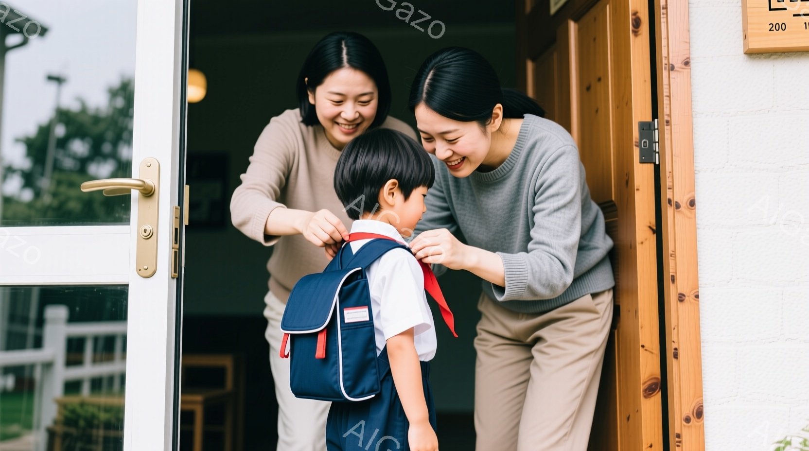 茶色の髪を短く切った女性が、紺色のリュックを背負った幼い男の子のネクタイを整えています。二人は木製のドアの前で、柔らかい日差しの中で微笑み合っており、温かく愛情に満ちた雰囲気が漂っています。背景には白 - AI生成フリー素材