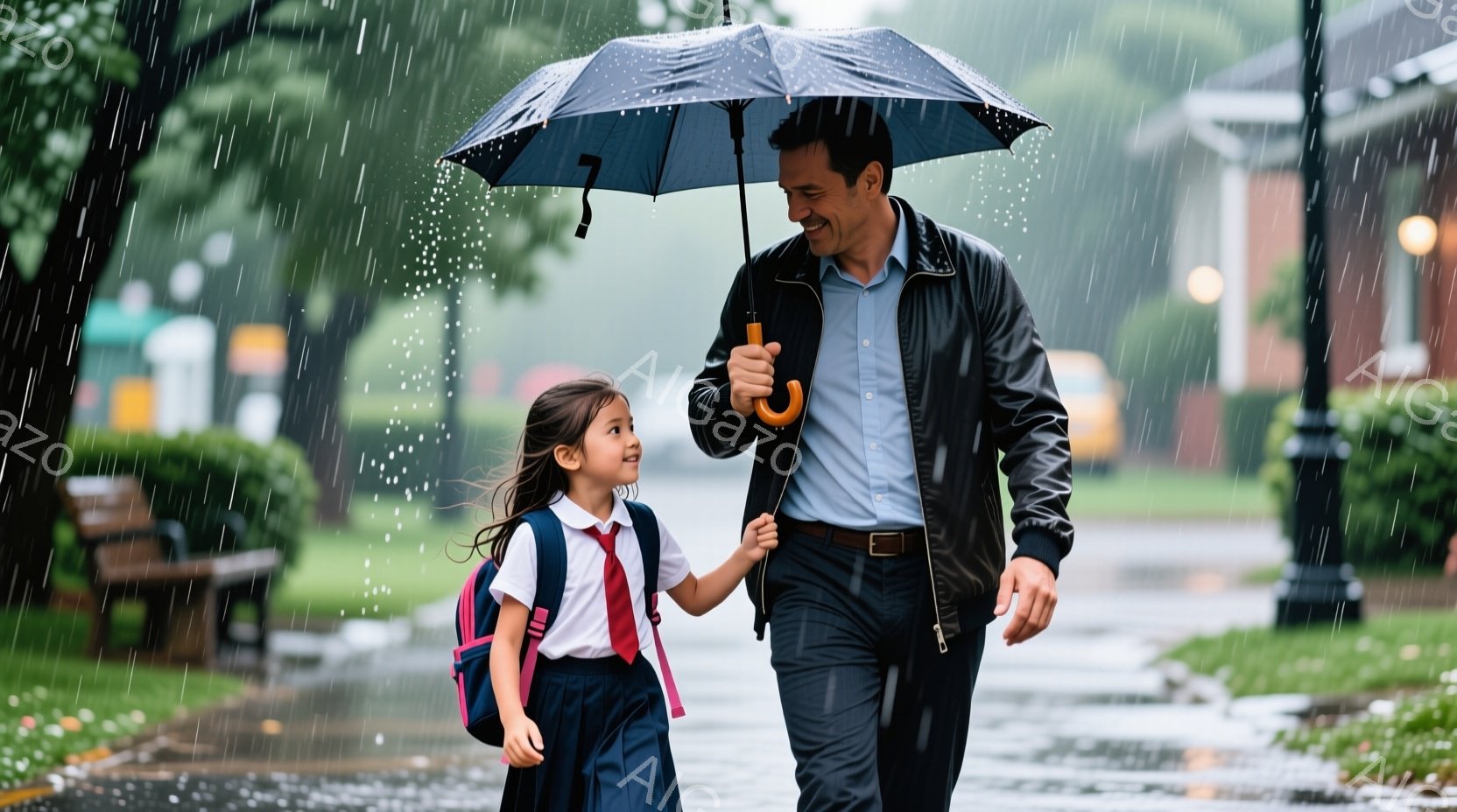 雨の降る中、少女と男性が寄り添って歩いている。少女は紺色のスカートと白いシャツ、赤いランドセルを背負い、長い髪をなびかせている。男性はジーンズに黒いジャケットを羽織り、優しい笑顔で少女を見守っている。