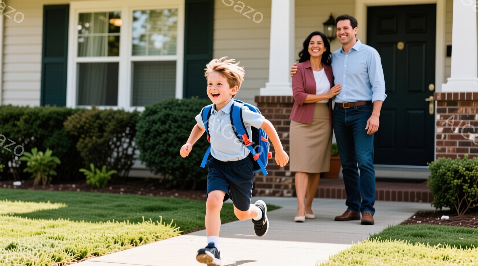 明るい日差しの中、男の子がリュックサックを背負い、嬉しそうに走り去っています。母親はピンク色のジャケットとスカートを着て、父親はシャツとズボンを着用し、微笑みながら男の子を見送っています。背景にはレン - AI生成フリー素材