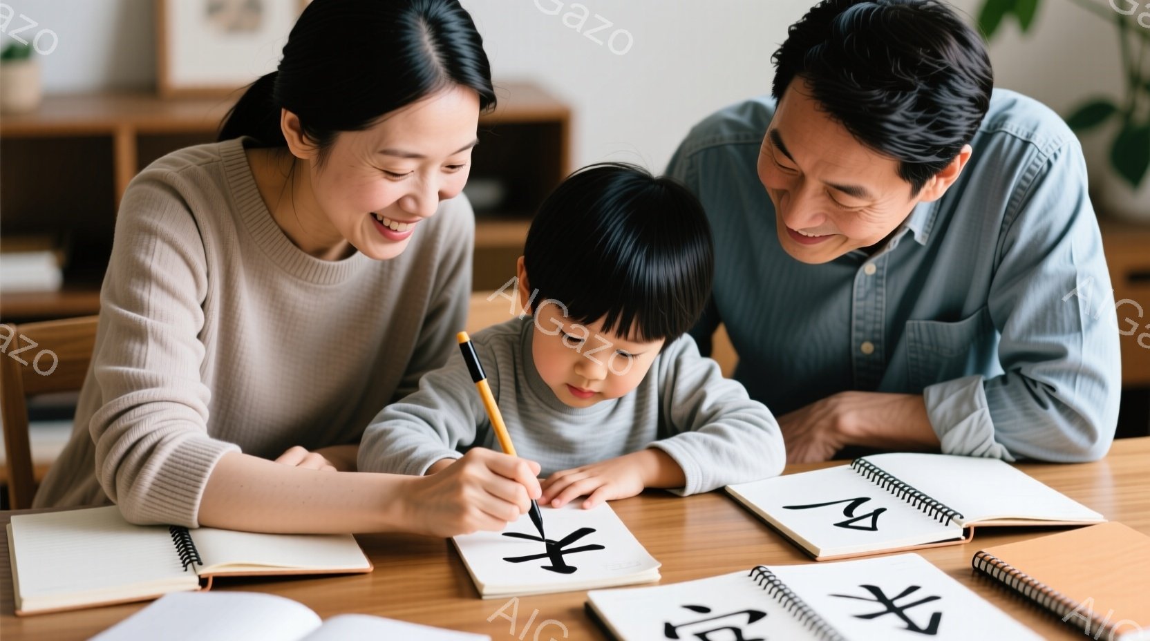 少年はテーブルで漢字の練習をしており、母親が温かく見守っています。少年はグレーのセーターを着ており、母親はベージュ色のニットを着ています。背景には本棚が見え、室内は明るく家庭的な雰囲気が漂っています。