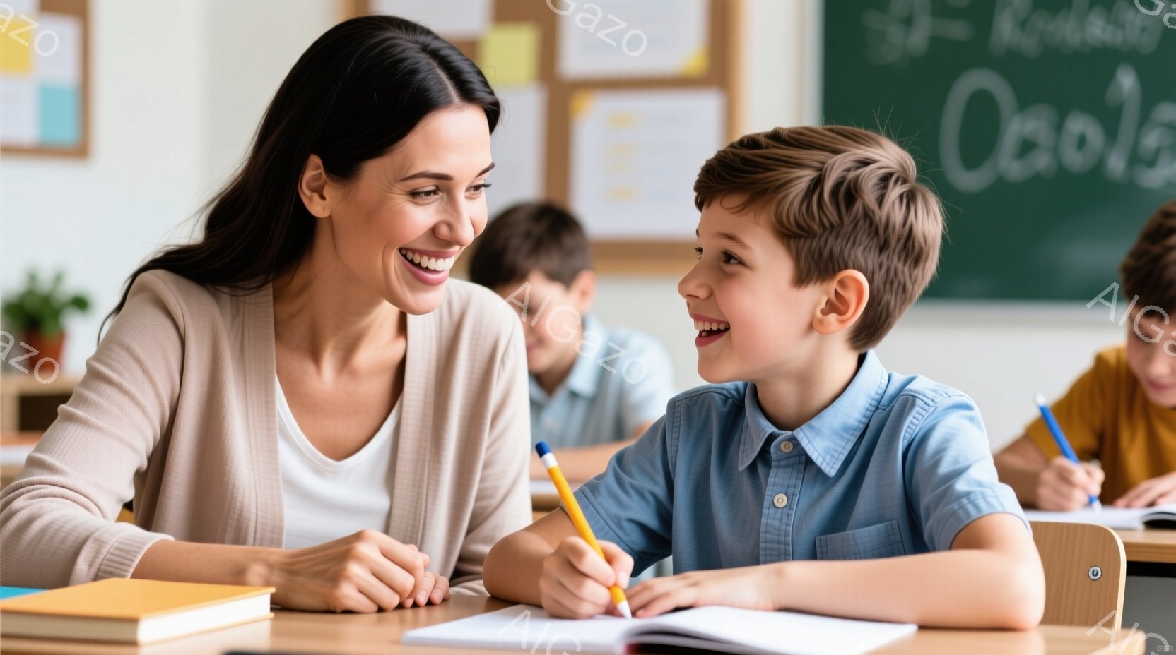 教室のシーンです。映画に登場する女性と少年が、書類を見ながら笑います。女性は広大な笑顔を持ち、小学生と共に学校の環境でお互いに感情を表現しています。