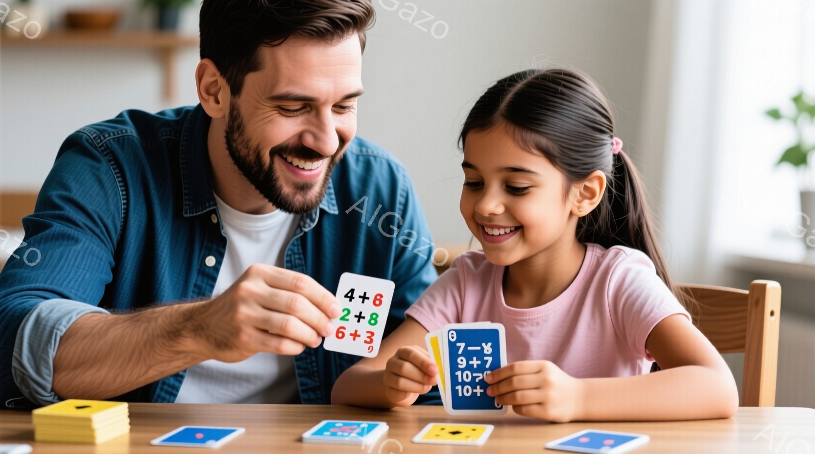 笑顔の男性と少女が、テーブルを挟んで数学のフラッシュカードを使って遊んでいます。男性は青いシャツを着ており、少女はピンクのドレスを着ています。背景には他のカードと木製の椅子が見え、暖かく家庭的な雰囲気です。