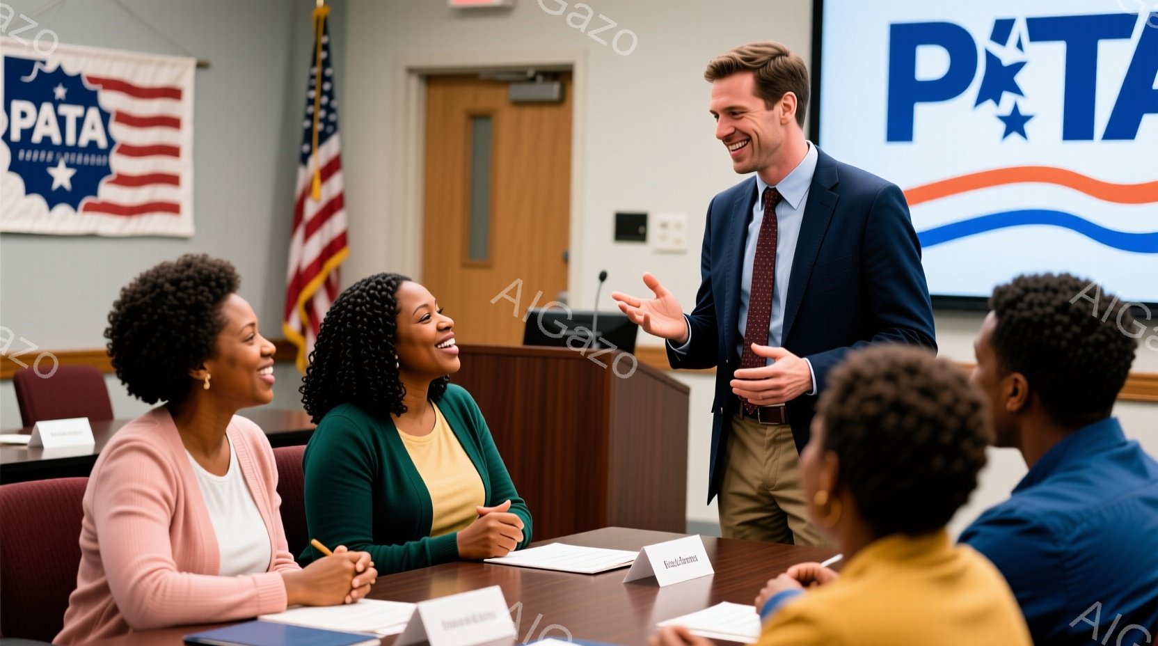 会議室で、一人の男性が聴衆に向かって話しています。彼は紺色のスーツに赤いネクタイを締め、笑顔で両手を広げています。聴衆は主に女性で、明るい色の服を着ており、楽しそうな表情で彼に注目しています。