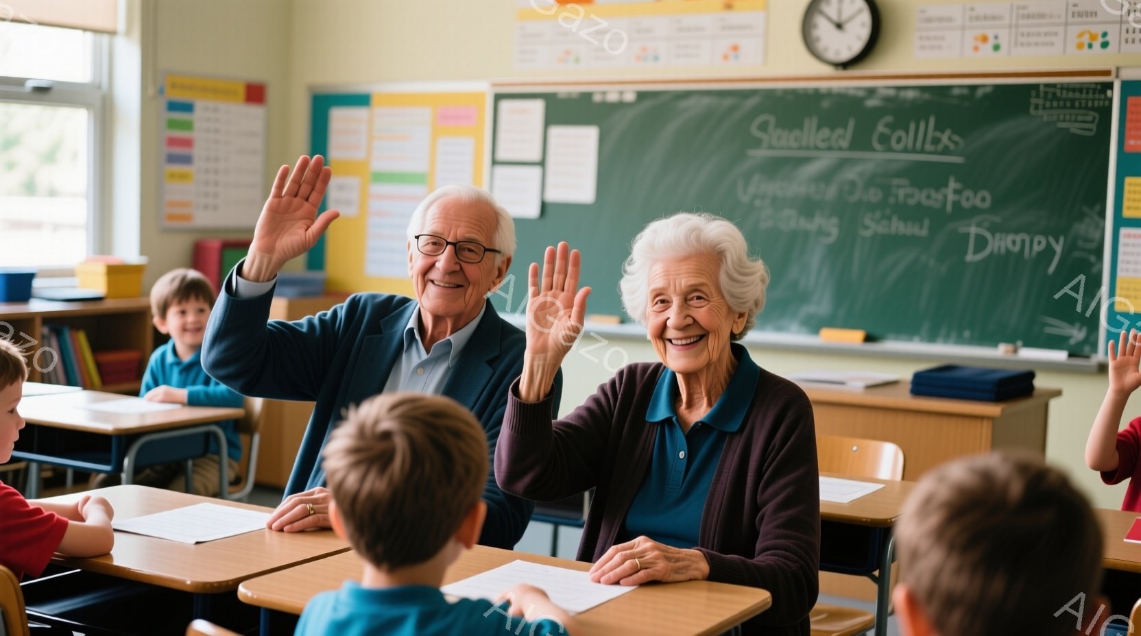 教室の中で、年配の男女が子供たちに向かって手を振っています。男性は眼鏡をかけ、紺色のジャケットを着ており、女性は灰色の髪をまとめ、青いトップスを着ています。背景には子供たちの机が並び、黒板にはカラフルな文字や絵が書かれており、明るく温かい雰囲気です。